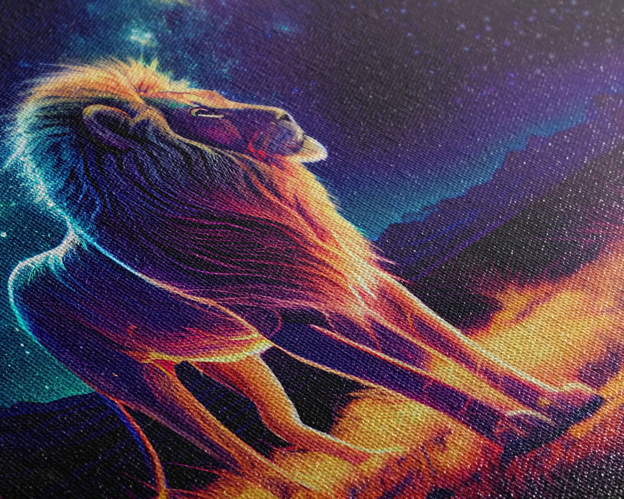 The Lion and the Universe, unique vibrant synthwave wall art, framed canvas print