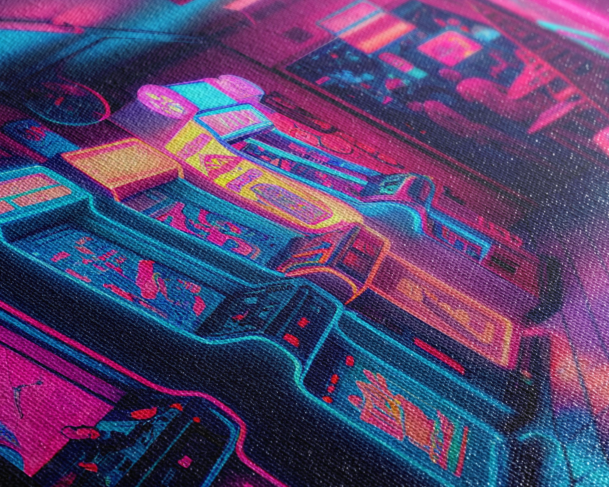 Neon Arcade, unique game room art, Retrowave arcade machine art, framed canvas print, framed wall art | Wall Art