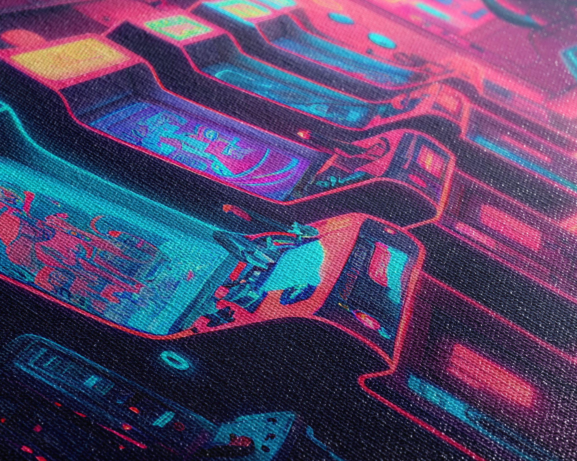 Synthwave Game Room Art, Neon retro 90s arcade room wall art, framed canvas print