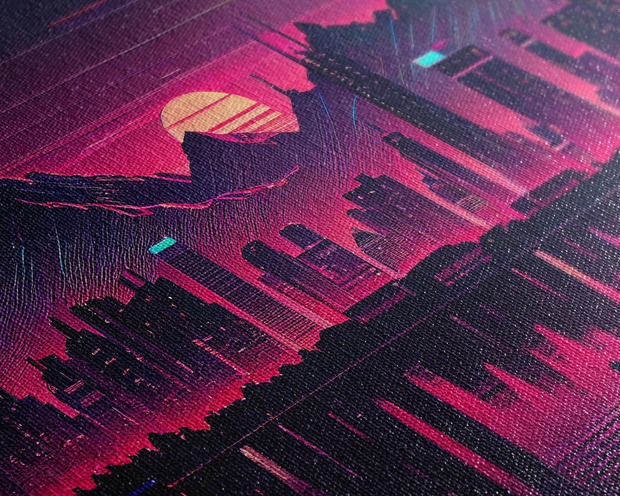 Cyberpunk Vancouver, Futuristic city skyline art, framed canvas print