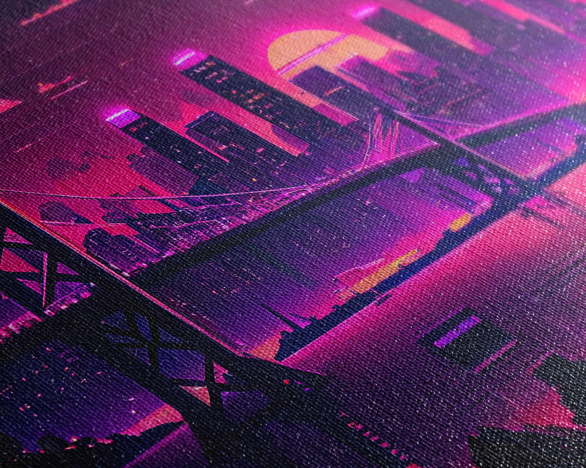 Cyberpunk San Francisco, Futuristic city skyline art, framed canvas print,  Synthwave / vaporwave cityscape decor