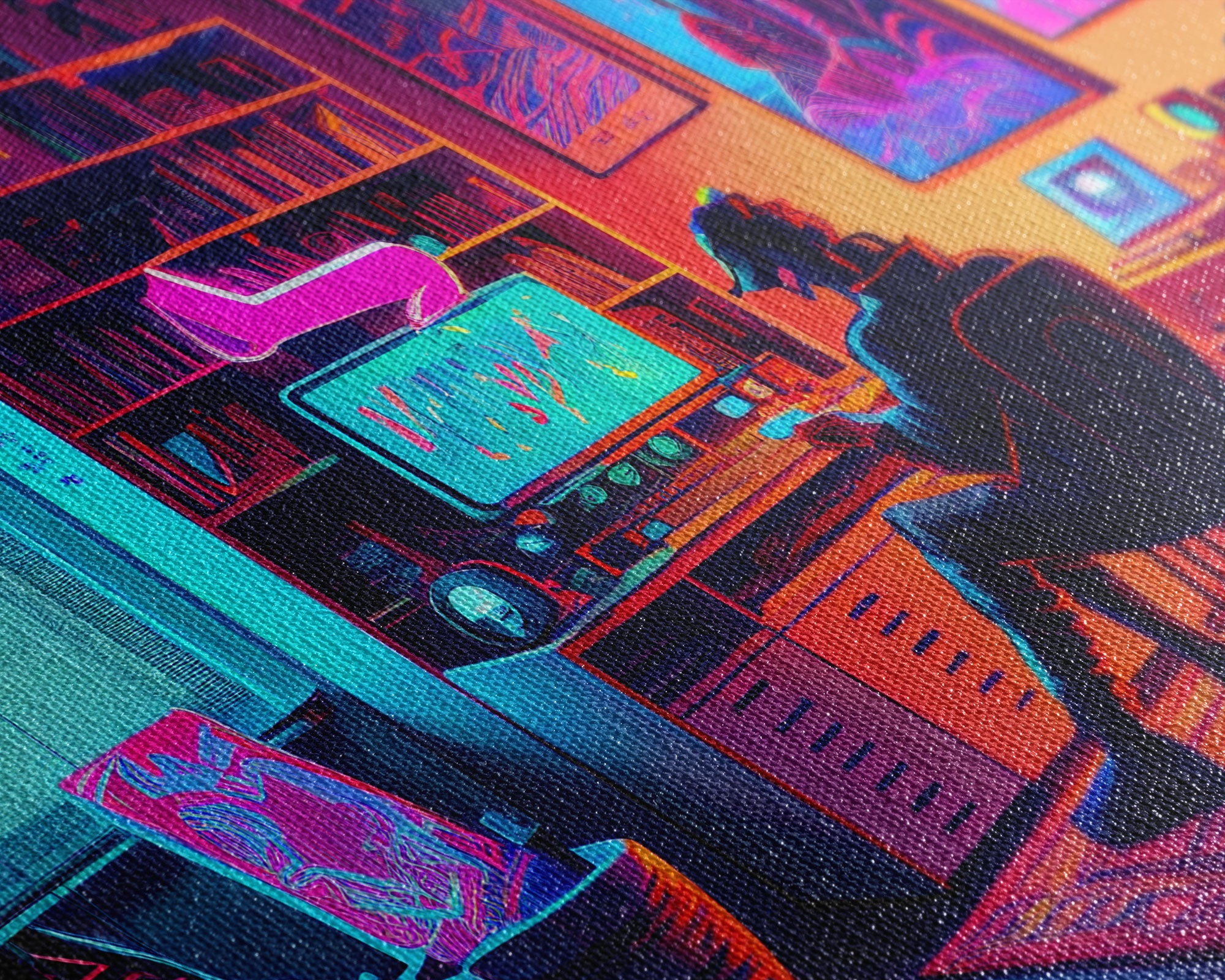 Jacked In - VR headset art, synthwave framed canvas print, cool office art