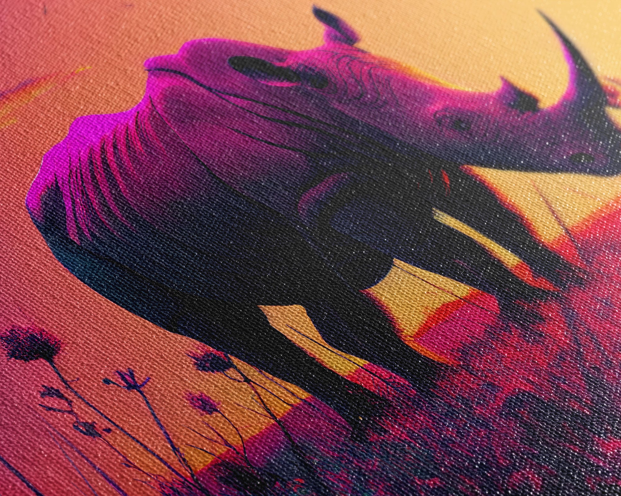 Rhino art, Pastel Rhinoceros at sunset, synthwave aniimal art, framed canvas art