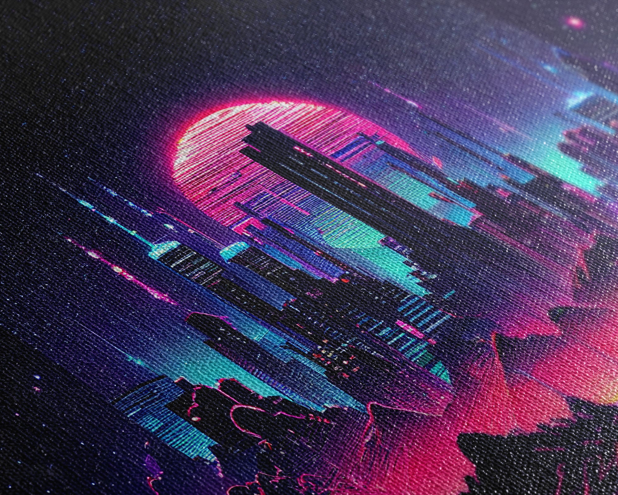 Cyberpunk city skyline superimposed over a sunset, synthwave style dystopian  art, framed canvas print