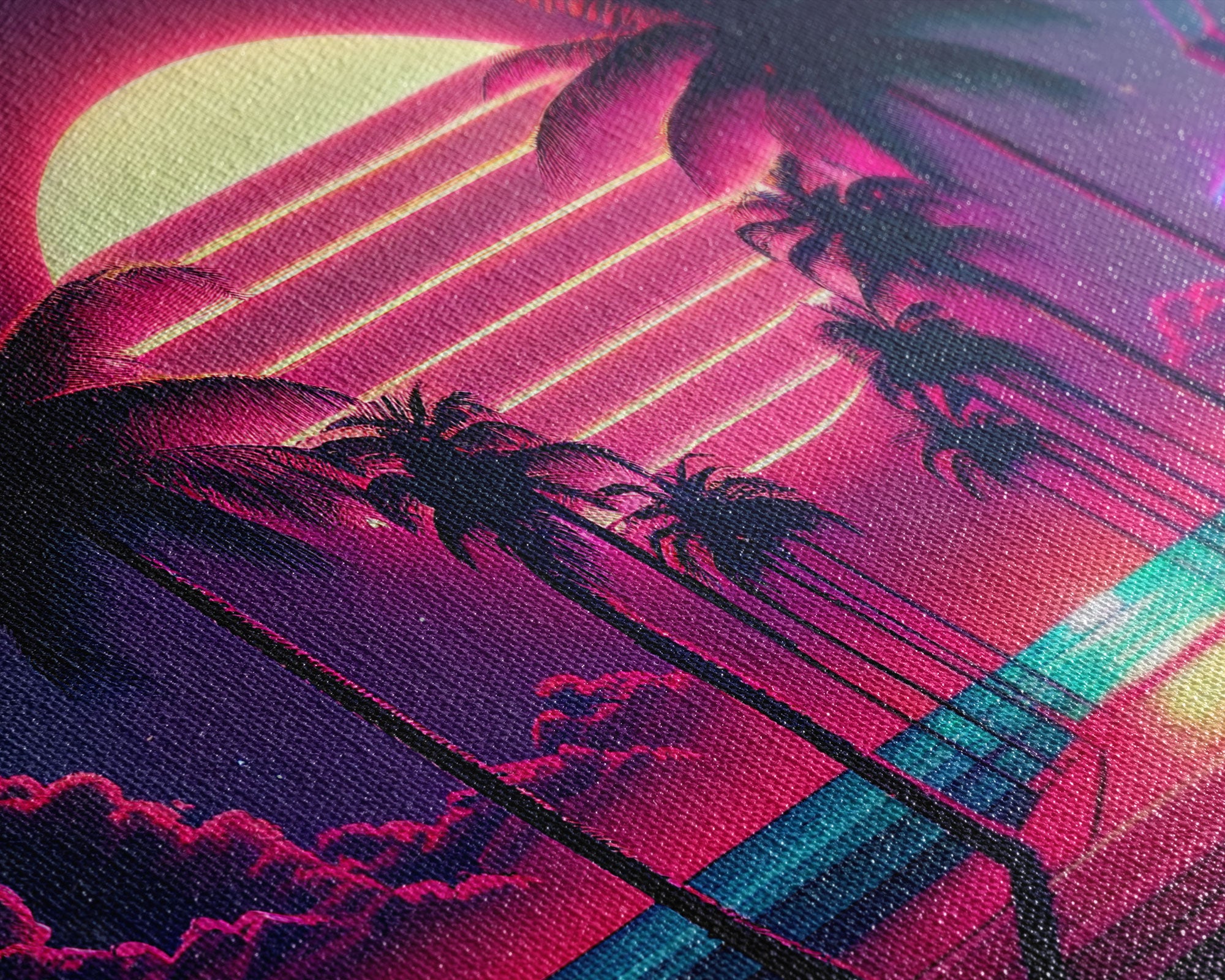 The Neon Boardwalk, Florida Synthwave Sunset, framed canvas print, retro style Miami vibes art