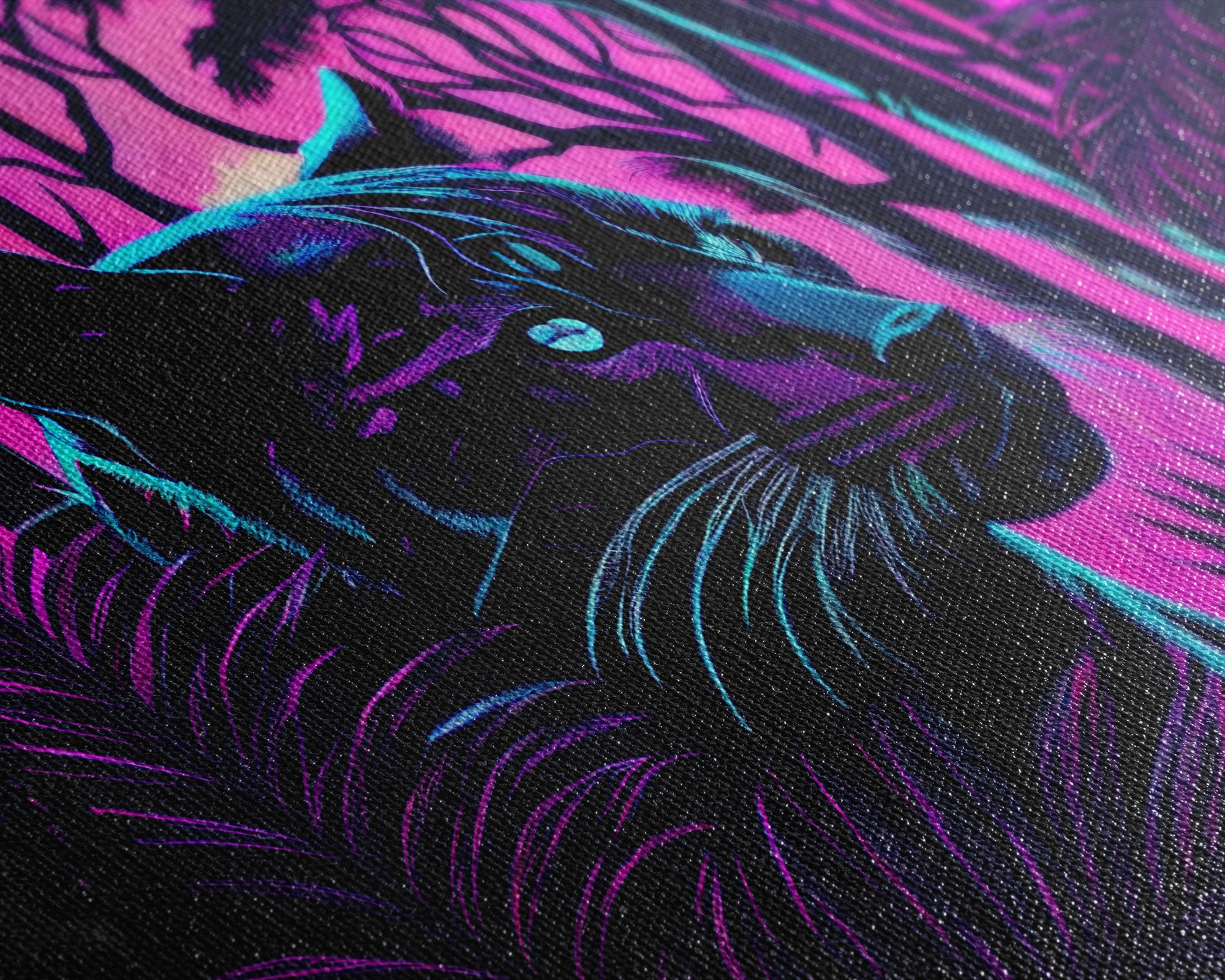 Vaporwave art,  framed canvas print, Jungle Panther synthwave portrait