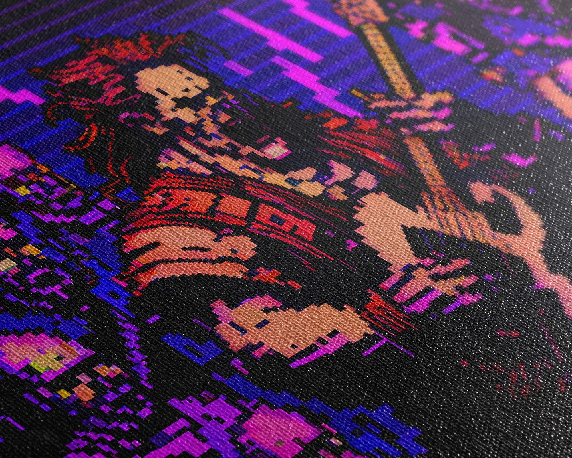 Human bard pixel art, vaporwave RPG concept art, framed canvas print, synthwave tabletop art