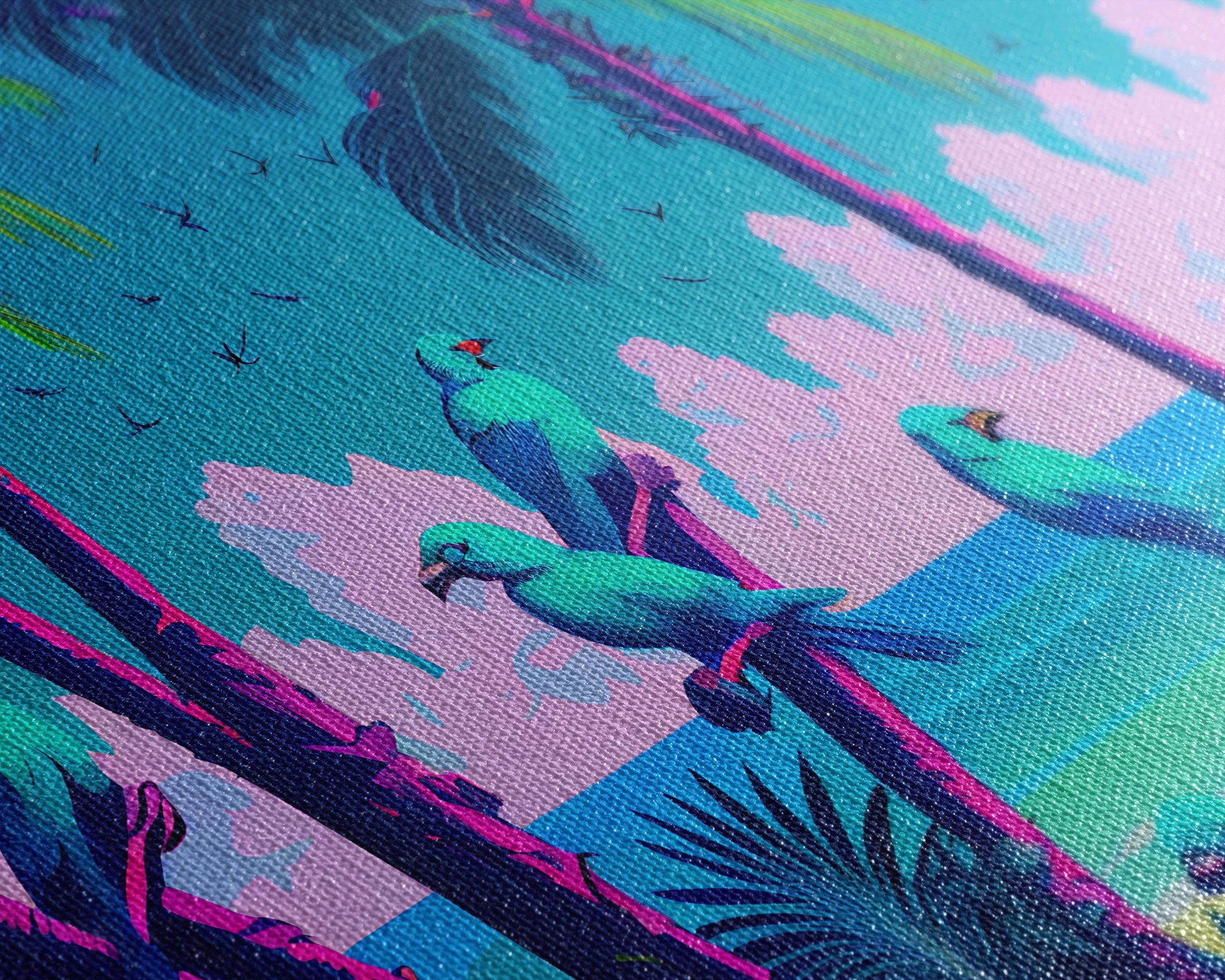 Tropical birds of paradise, synthwave, vaporwave wall art, framed canvas print