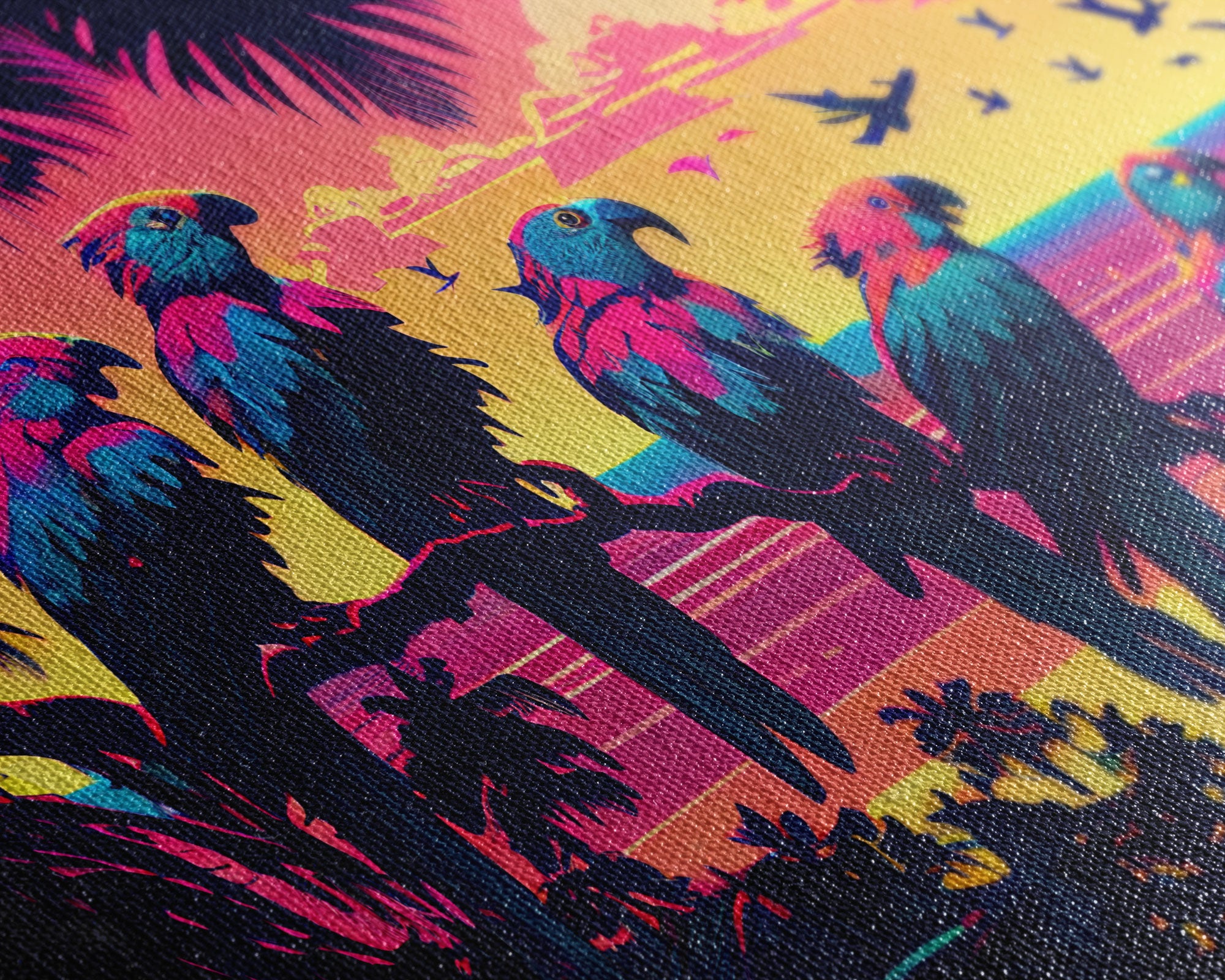 Tropical birds of paradise, synthwave, vaporwave wall art, framed canvas print