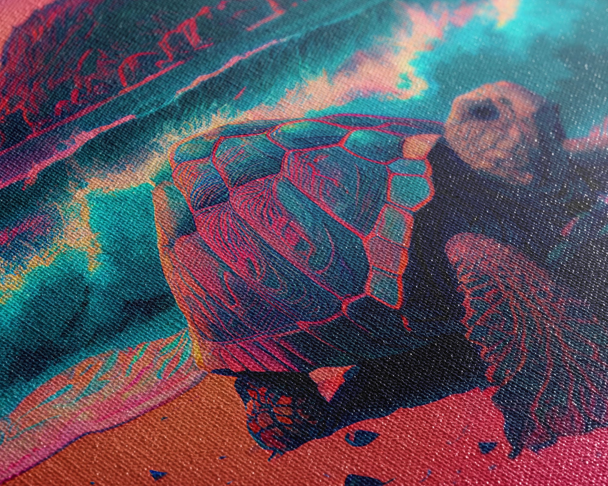 Sea turtle fighting the waves, framed canvas art, synthwave, vaporwave, animal prints