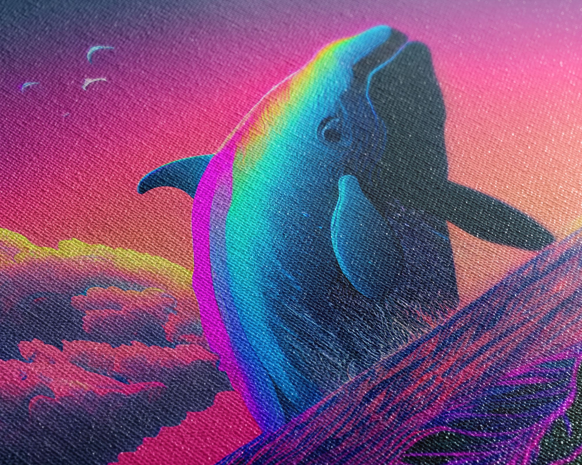 Humpback whale breaching a rainbow, vaporwave art, synthwave animal print, framed canvas print