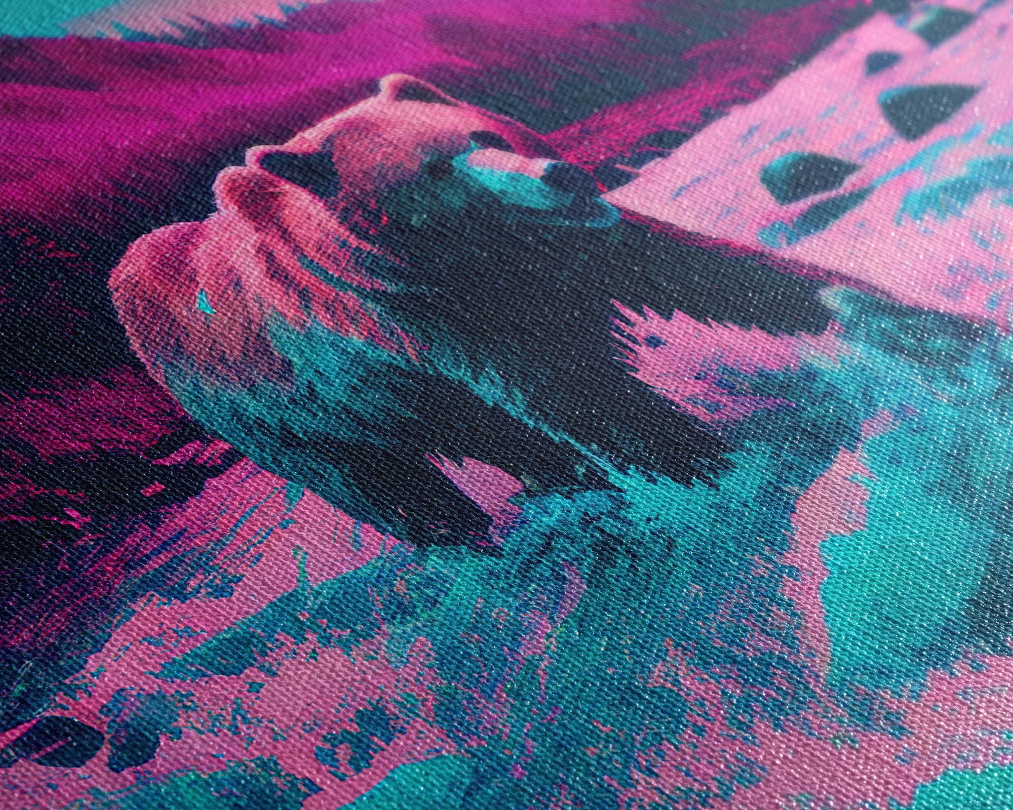 Grizzly bear crossing a river, vaporwave style animal print art, framed canvas print