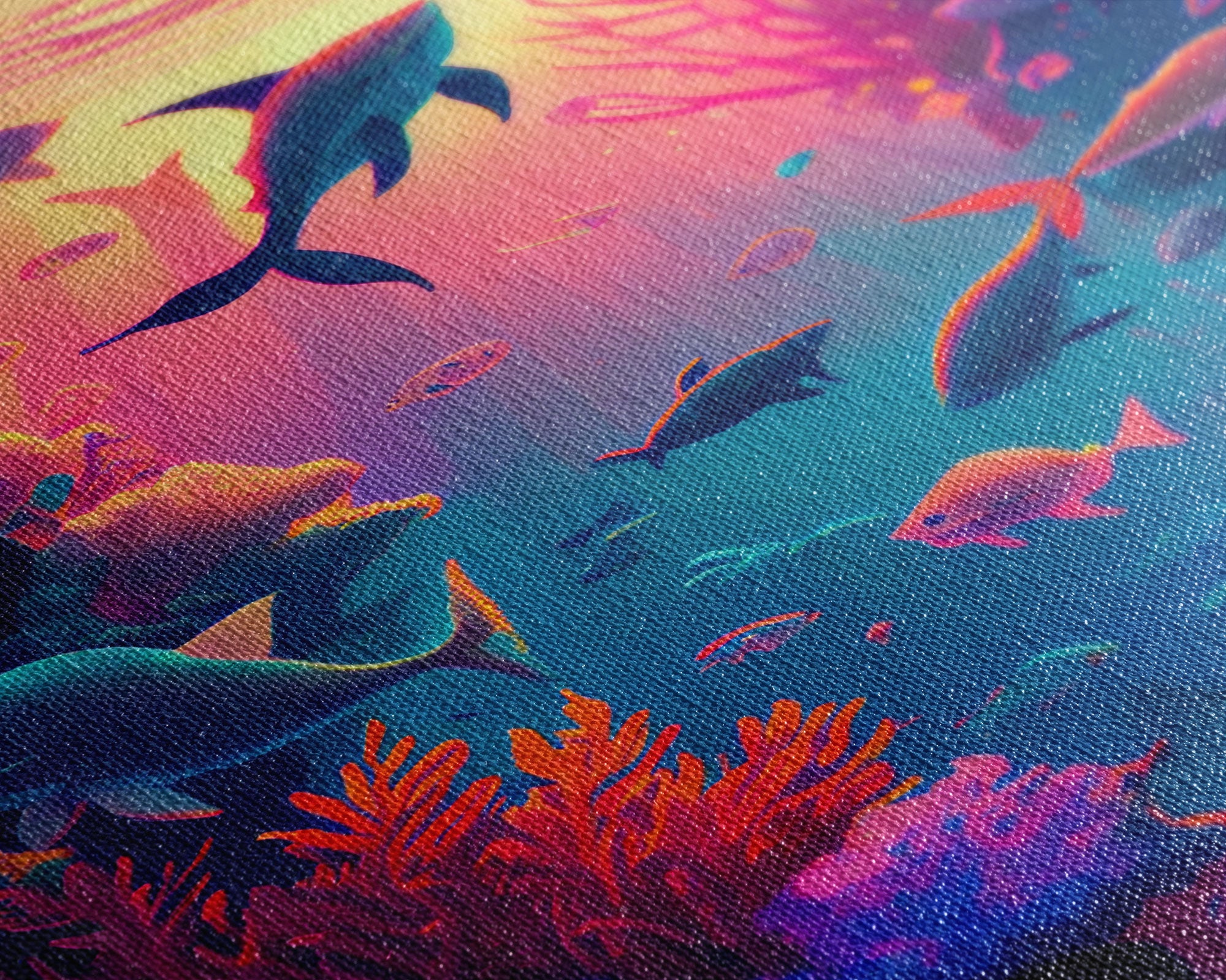 80s Vibe Under The Sea Coral Reef Art, framed canvas print, fish and reef art