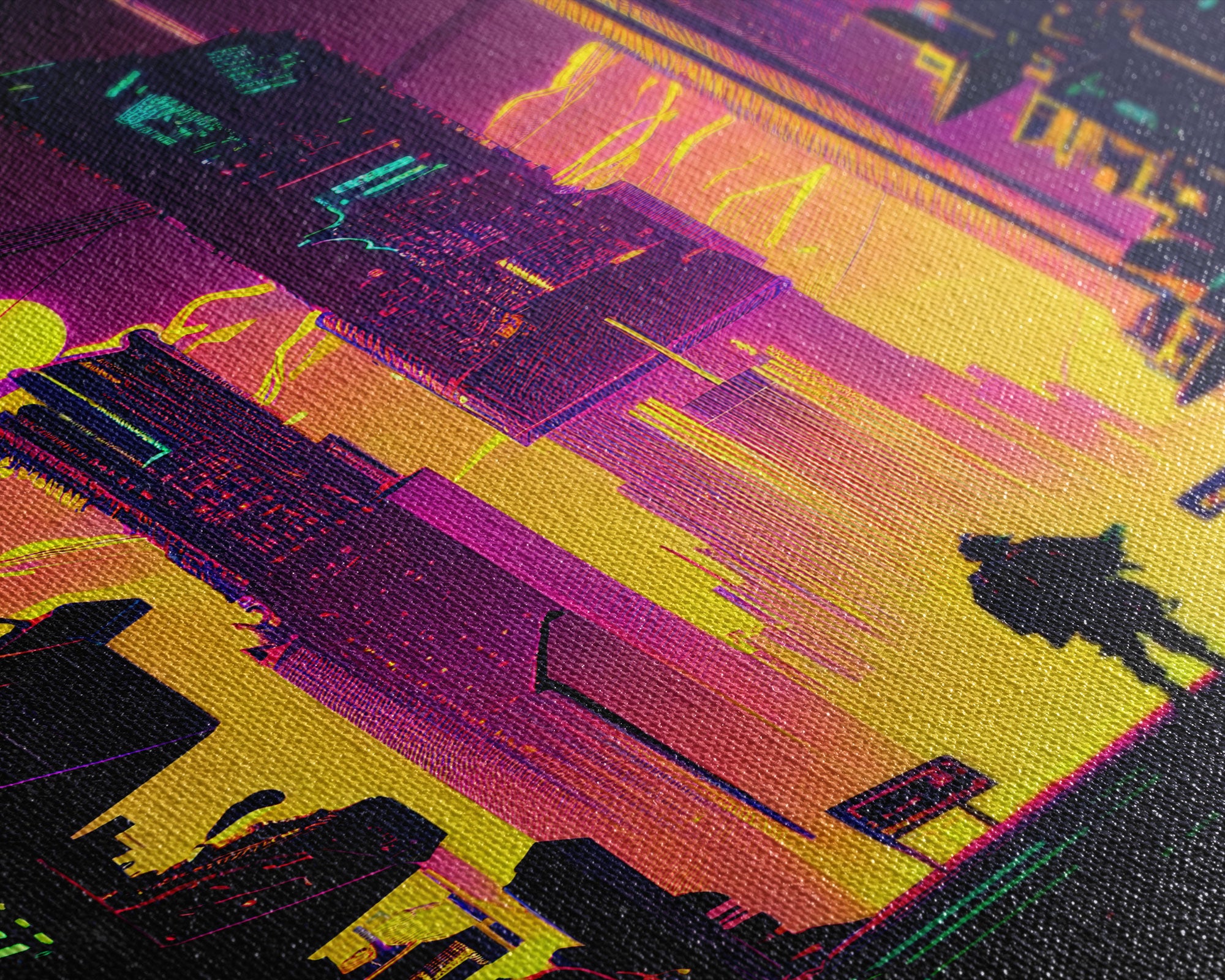 Cyberpunk art, Retrowave style dystopian cityscape art, game room art, framed canvas print, retro wave city skyline