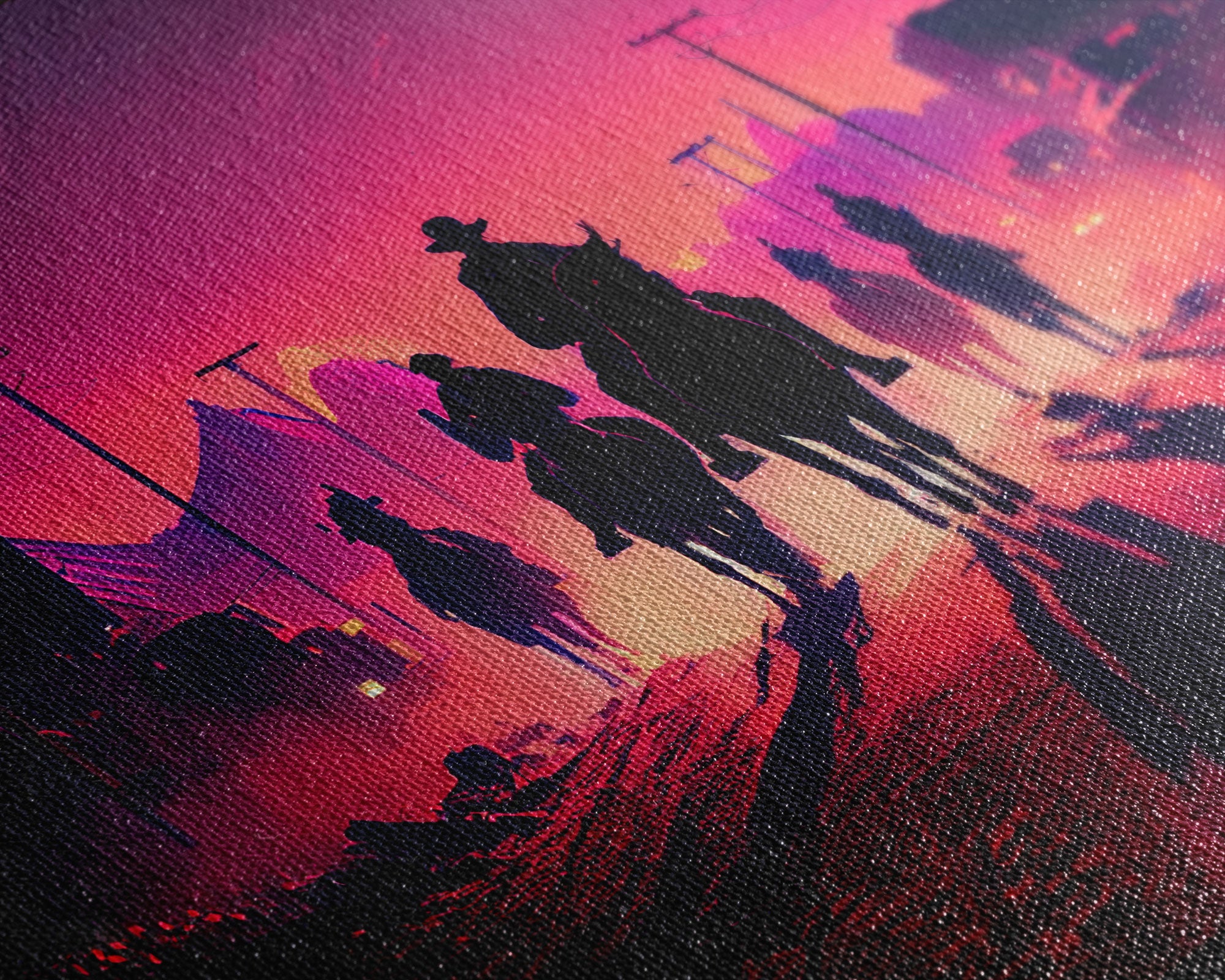 Retro Synthwave Style Post-Apocalyptic Cowboys, framed canvas print, retro outrun style wild west art