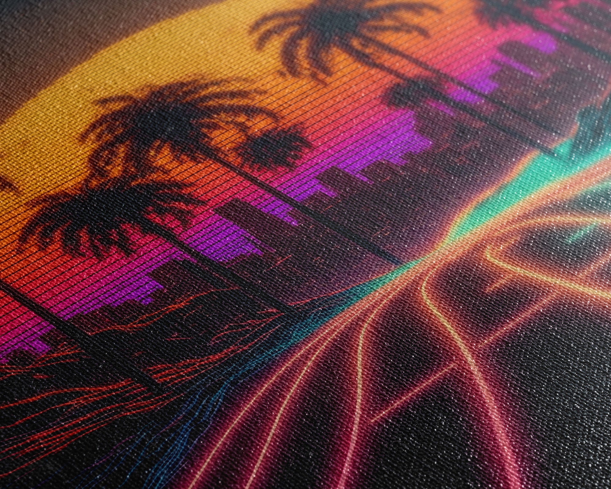 Neon Wireframe Road at Sunset, Outrun / Synthwave Palm Tree Art, 80s Retro Inspired Art, Framed Canvas Print