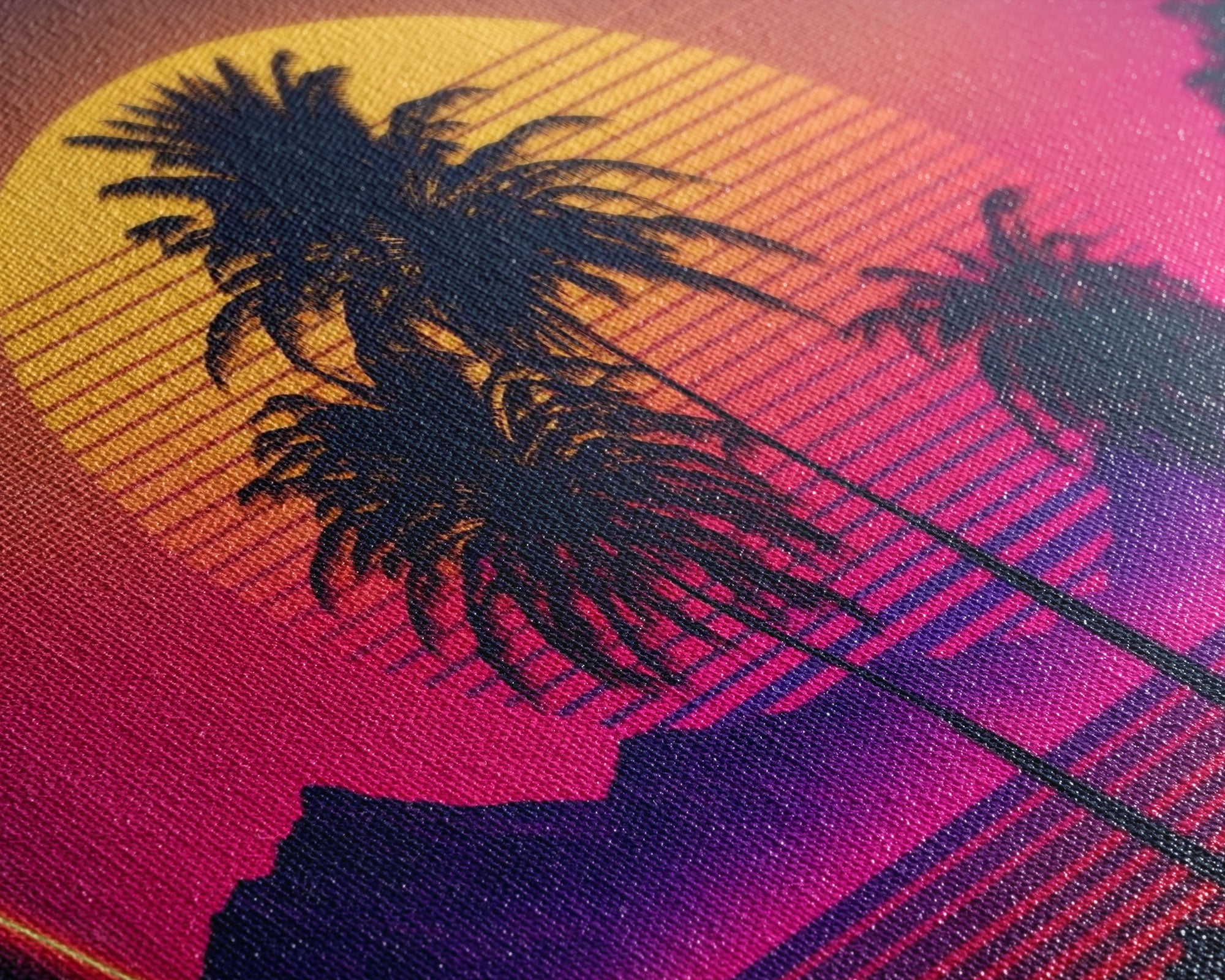 Synthwave Sunset Behind Beautiful Palm Trees, 1980s Style Retro Home Decor, Framed Canvas Print