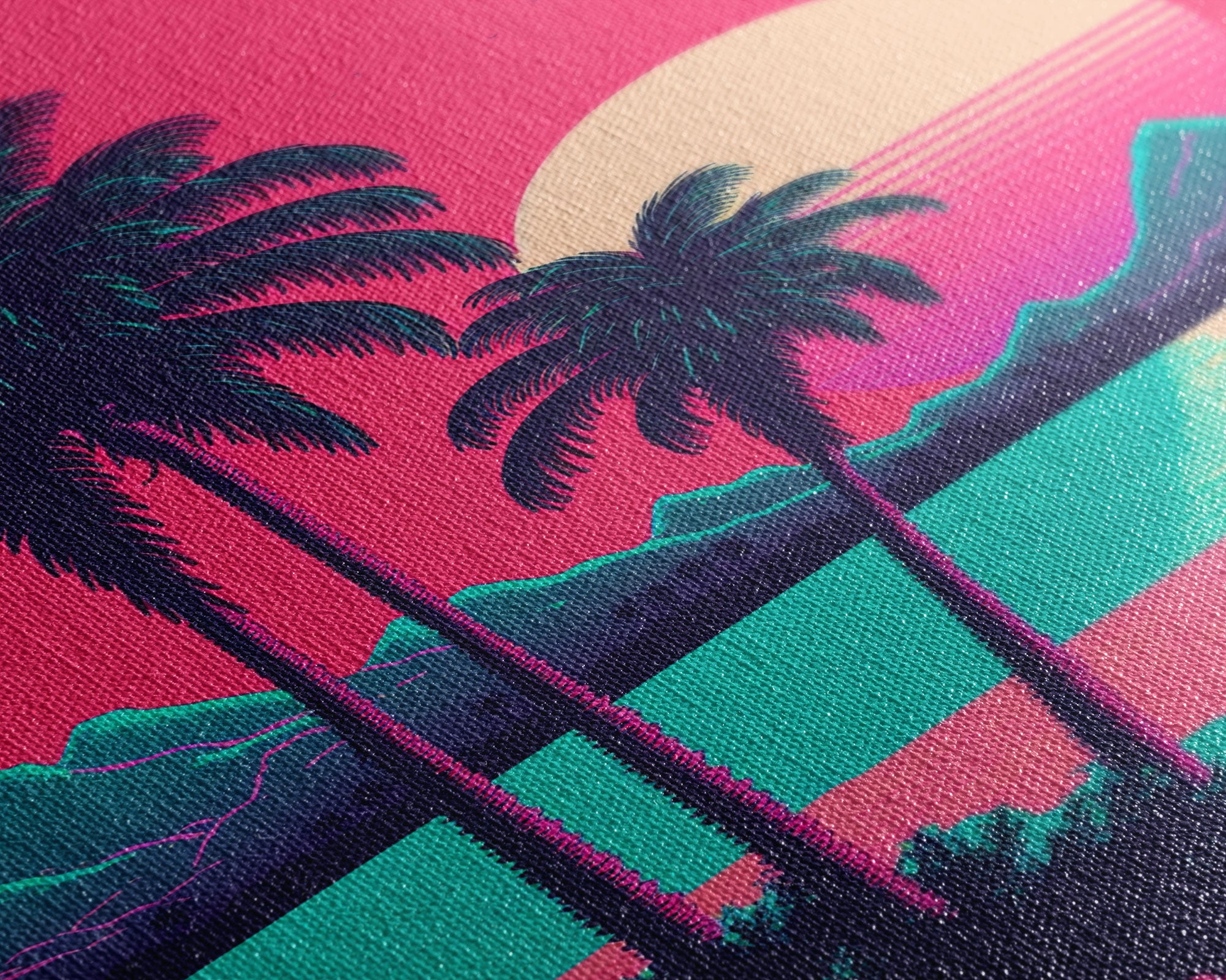 Retro Synthwave 80s Vibes Sunset Over The Mountains and Palm Trees, Highway, Framed Canvas Print