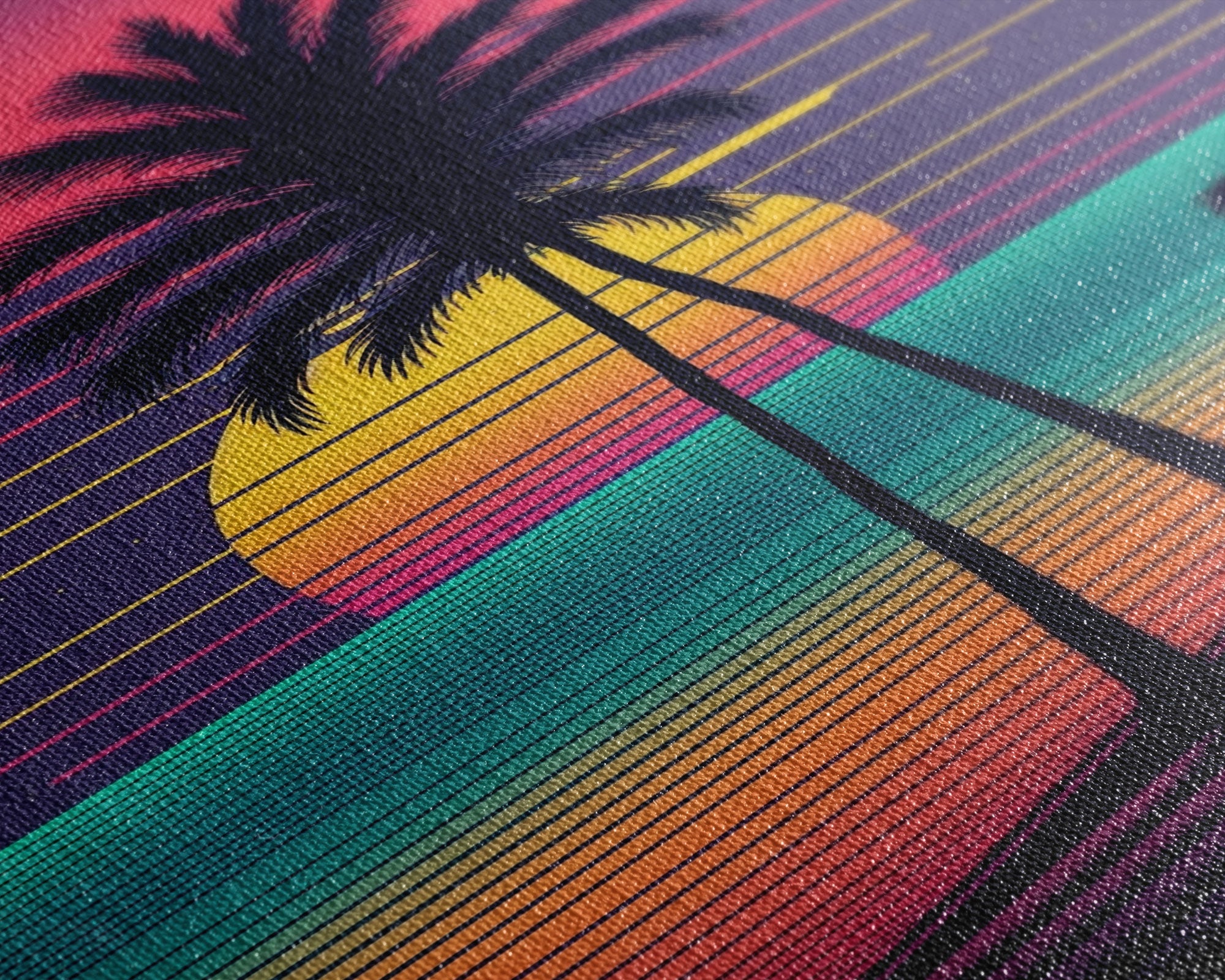 Framed Canvas Print | Synthwave Sunset with Palm Trees | Home Decor | Ready to Hang | Retro Style Decor