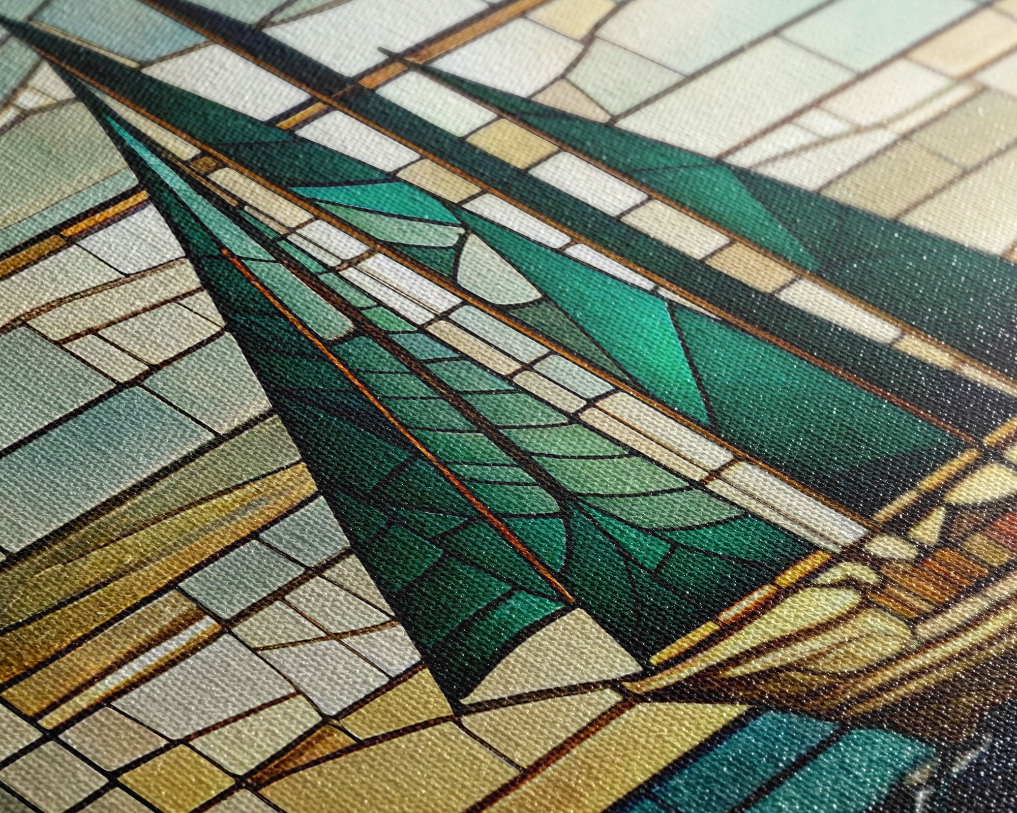 Emerald Green and Gold Art Deco Sail Boat, Framed Canvas Print, Retro MCM Style Wall Art, Midcentury Modern, Stained Glass, Huge Art