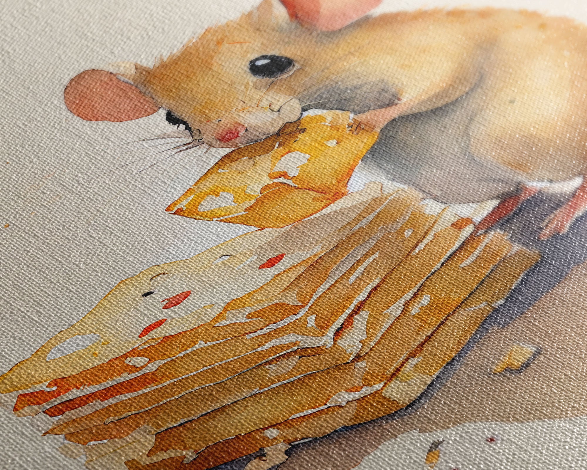 Mouse eatin' some cheese Watercolor Print, Mouse Art Painting, Framed Canvas Print, Cute mouse cartoon