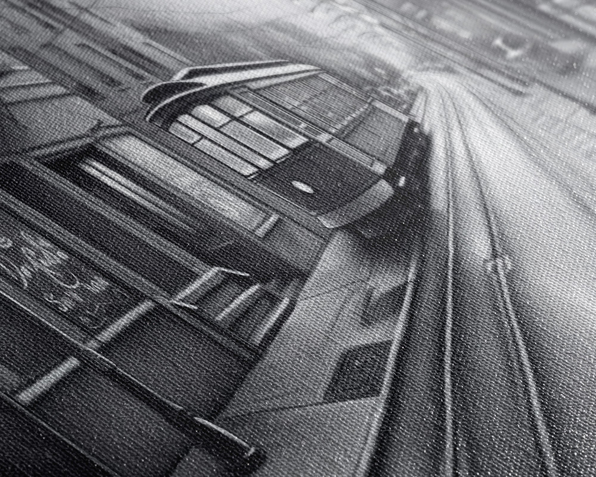 Monochromatic Tram Canvas Print, Pencil Sketch City Art, Wall Decor, Large Urban Art Print, Panoramic, Wall Art, Canvas Print