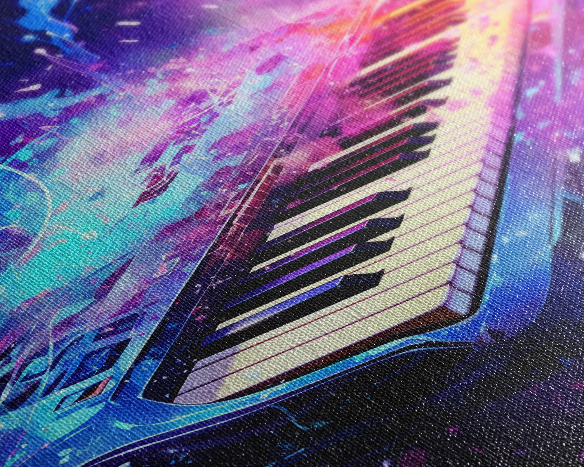 Cosmic Keyboard, Galaxy Music Art Framed Canvas Print, Electric Keyboard, Instrument Art, Studio Wall Decor