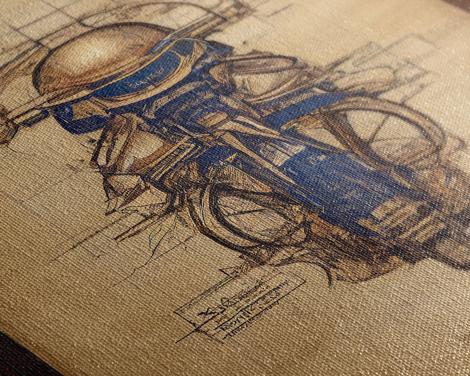 Da Vinci style steampunk motorcycle diagram, canvas print, man cave wall art, motorcycle art