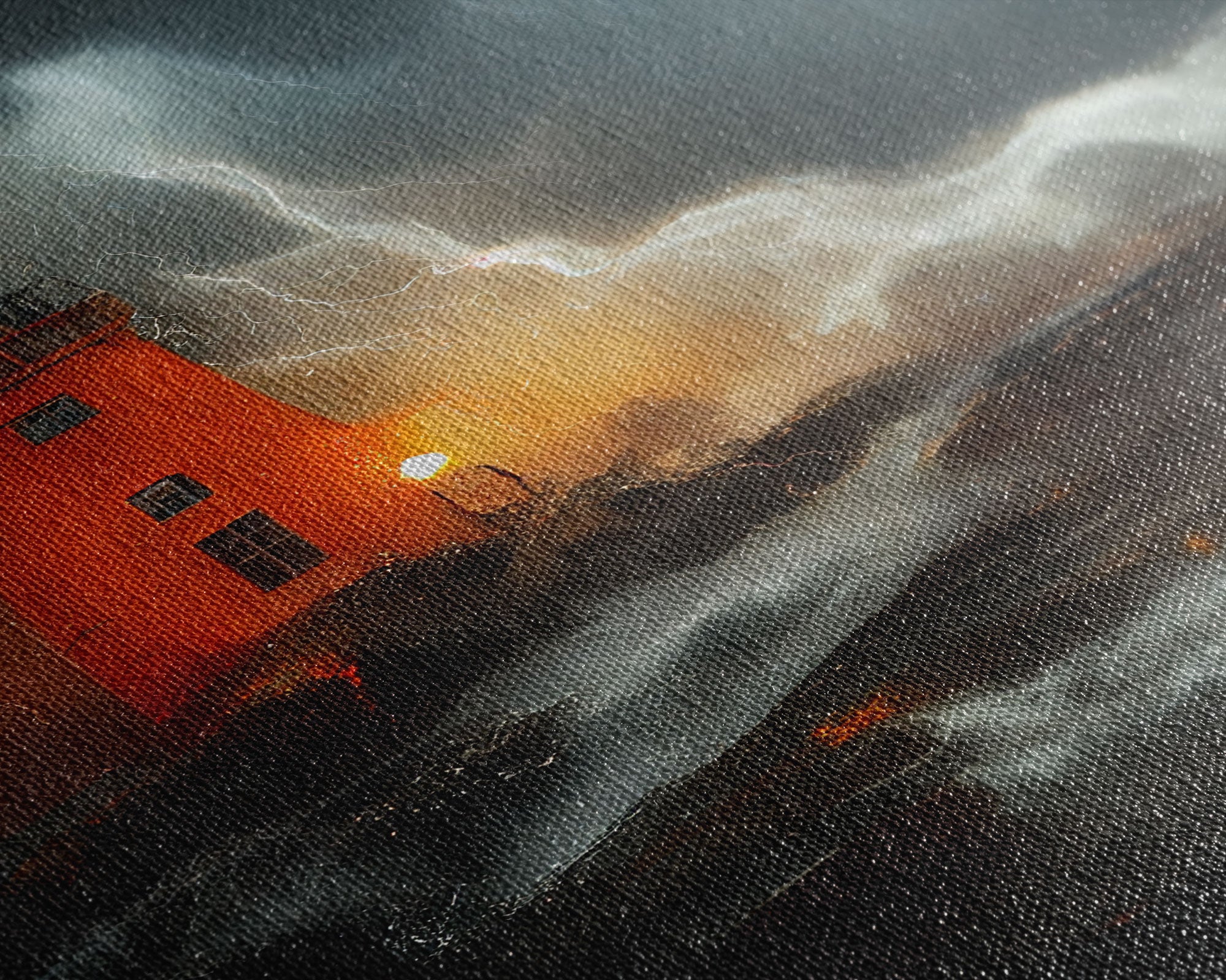 Lighthouse Oil Painting Canvas Print, Light house in a hurricane, dark stormy night, waves crashing