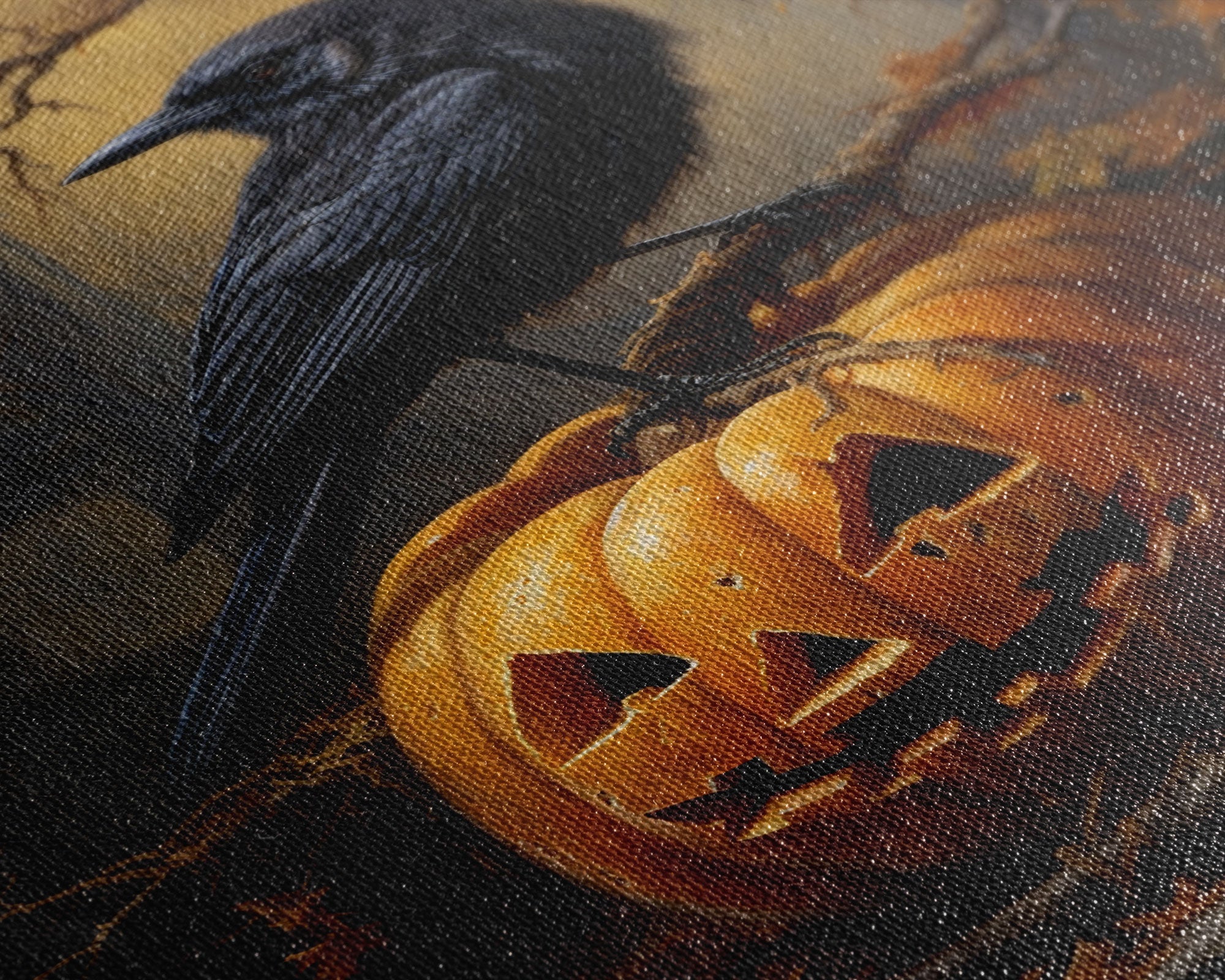 Raven Atop A Jack O Lantern, Framed Canvas Print, Halloween Decor, Raven Painting, Victorian Oil Painting Print, Macabre Horror, Witch Art