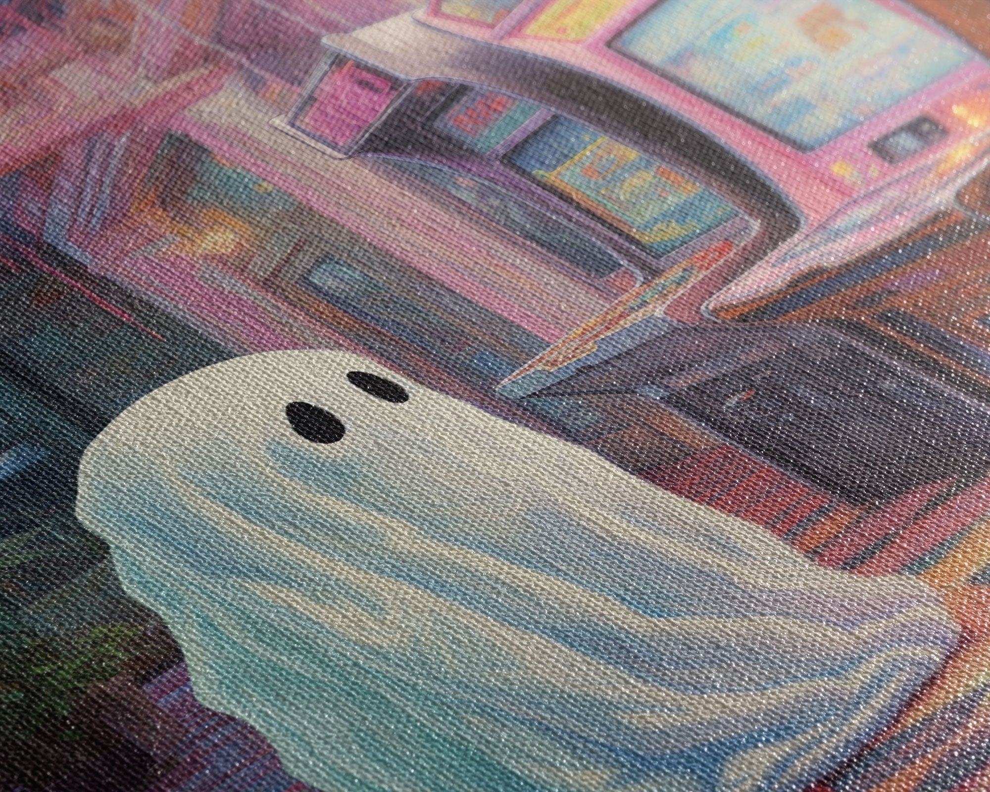 Cute Little Boo, The Phantom Of The Arcade, Vaporwave Style Halloween Decor, Vintage Halloween, Retro Vibes Horror Print, Ghost Art