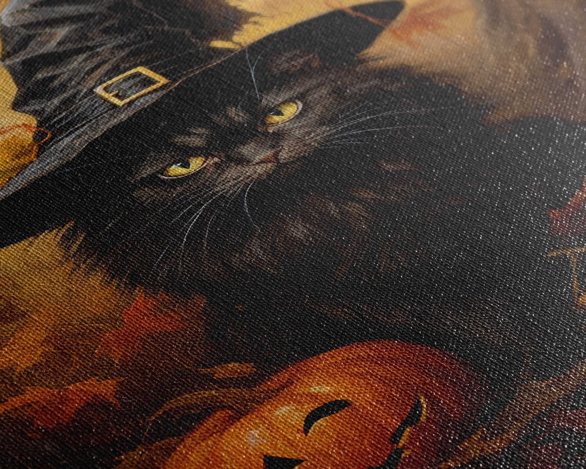 The Witch Cat With Her Jack O Lanterns, Framed Canvas Print, Dark Academia Halloween Art, Victorian Cat Oil Painting, Goth Halloween Decor