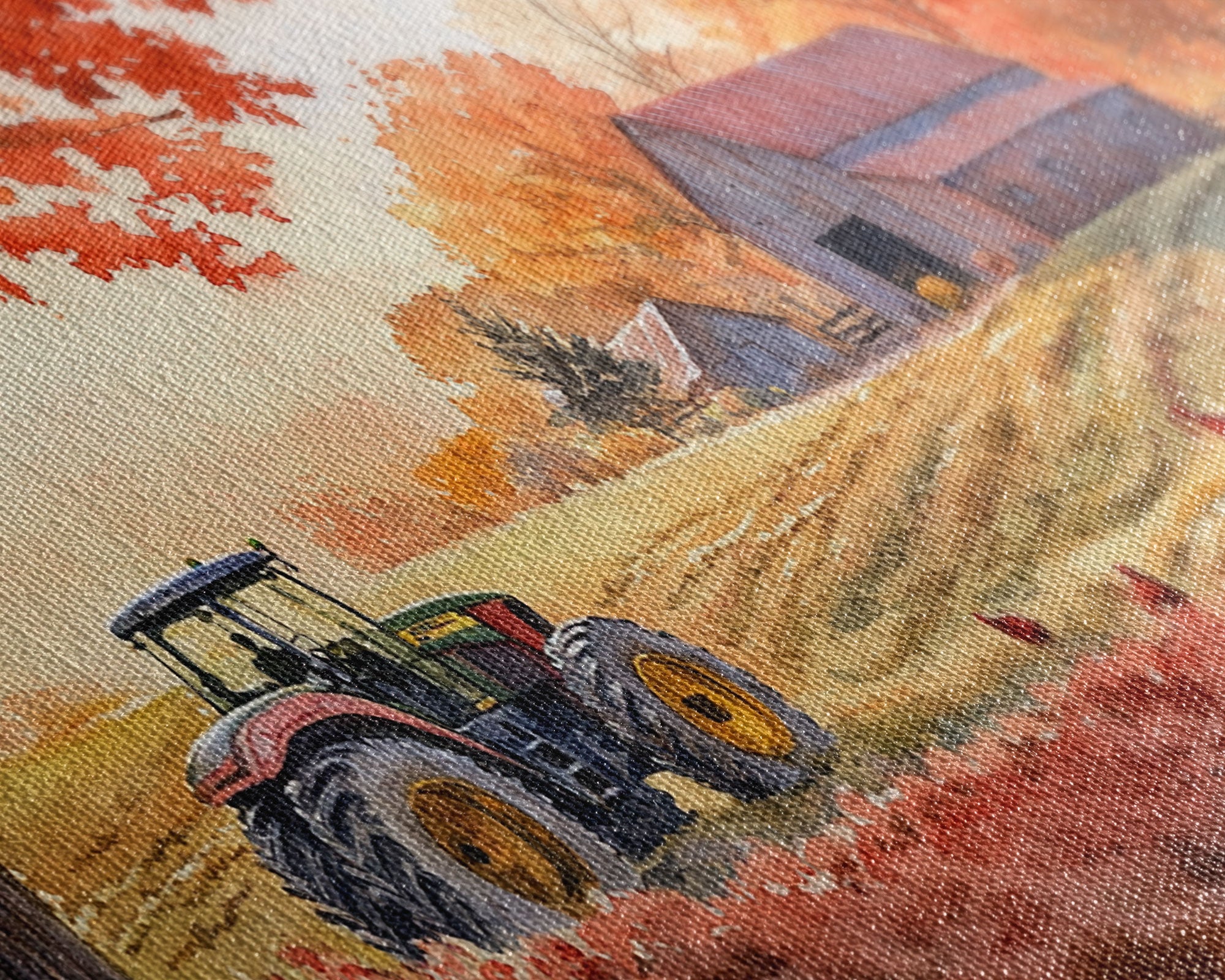 Tractor in Fall Field with Barn, Watercolor Wall Art, Farmhouse Autumn Decor, Framed Canvas Print, Home Decor, Above Sofa Art, Gift Idea