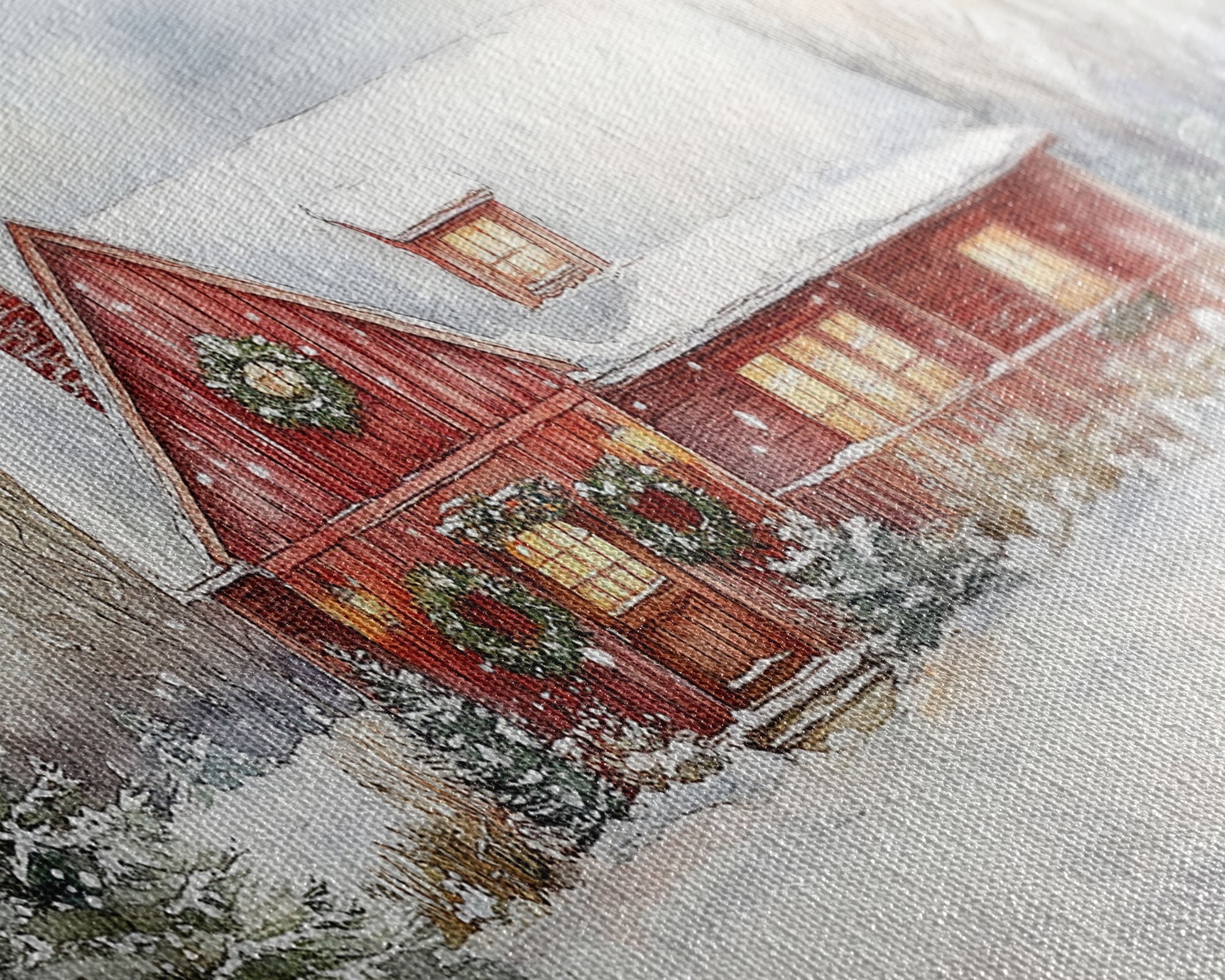 Snowy red farmhouse with wreaths and holiday lights, framed canvas print, perfect Christmas holiday decor or winter wall art display