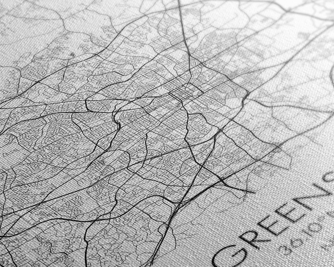 Greensboro Street Map, North Carolina Map, City Map Art, Minimalist Art, Wall Art, Canvas Print, Black And White, Unique Art, Traveler Gift