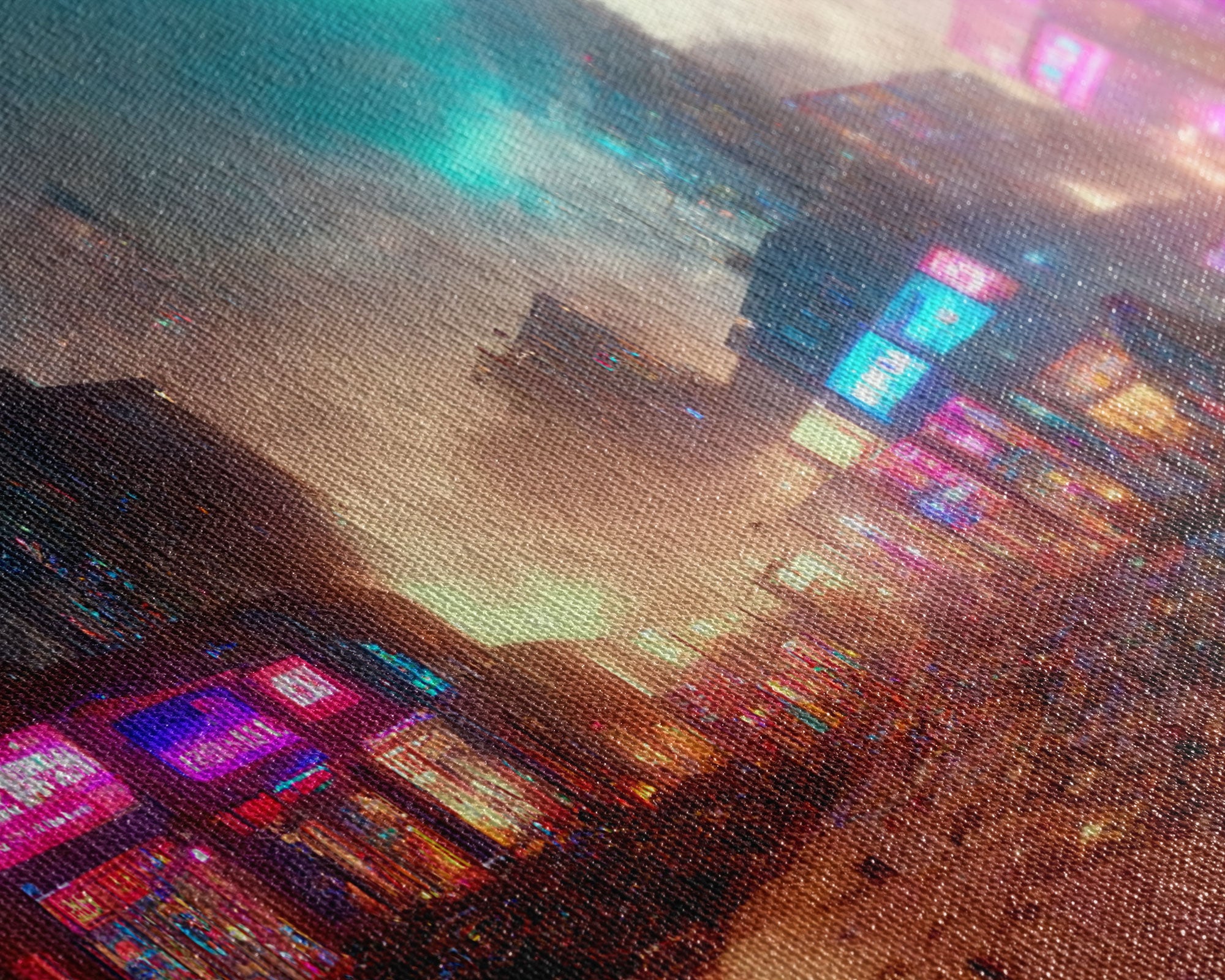 Destitute cyberpunk city with neon signs wall art, Bladerunner vibes art, synthwave style art, cool wall art