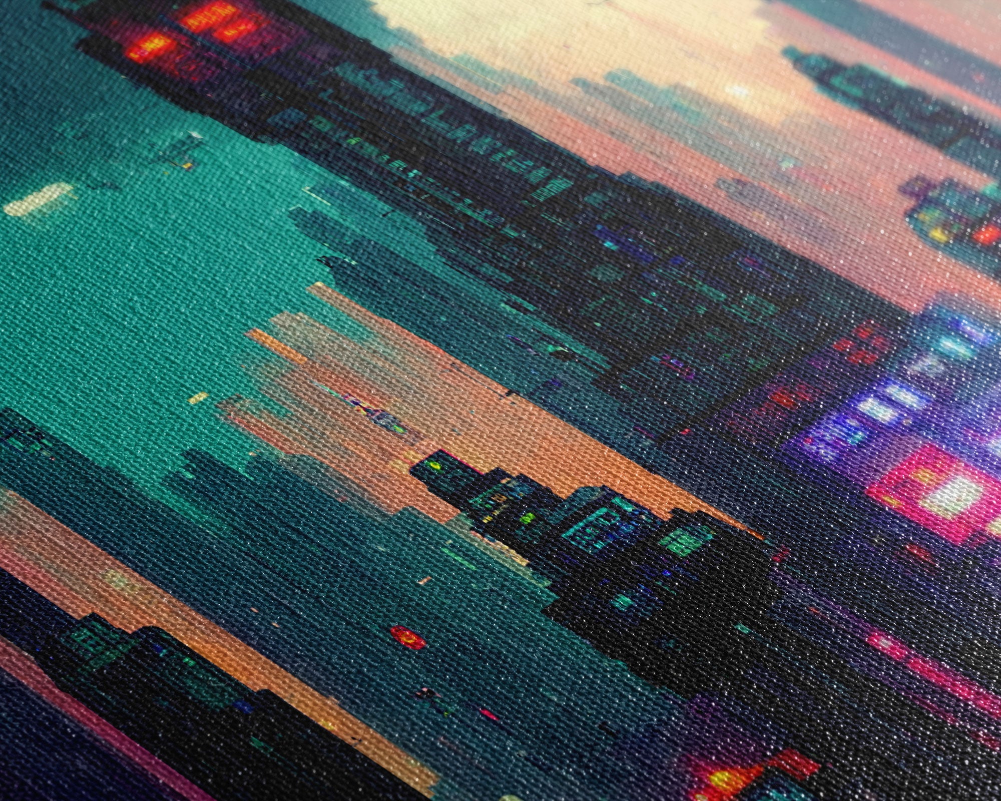 cyberpunk city pixel art canvas print, wall art, Bladerunner vibes art, synthwave style art, cool wall art