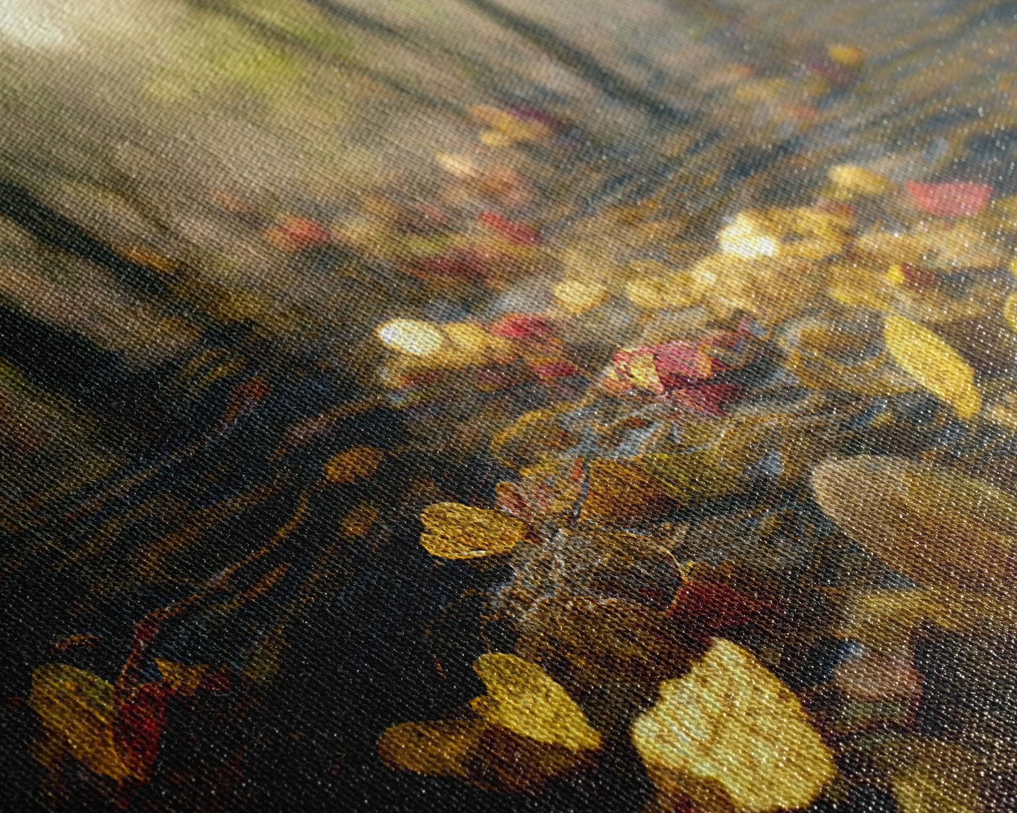 Fall leaves floating down the river, autumn, landscape and nature canvas print, oil painting style, neutral wall art