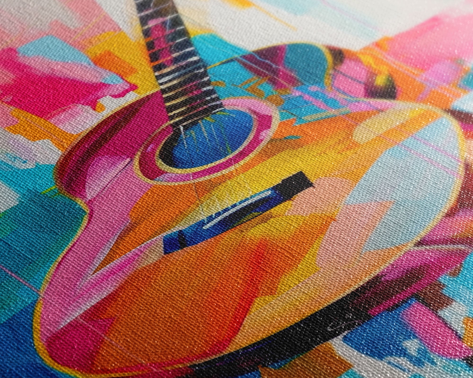 Vibrant Acoustic Guitar Painting - Framed Canvas Print, Colorful Western Art, Musical Wall Art for Living Room Decor