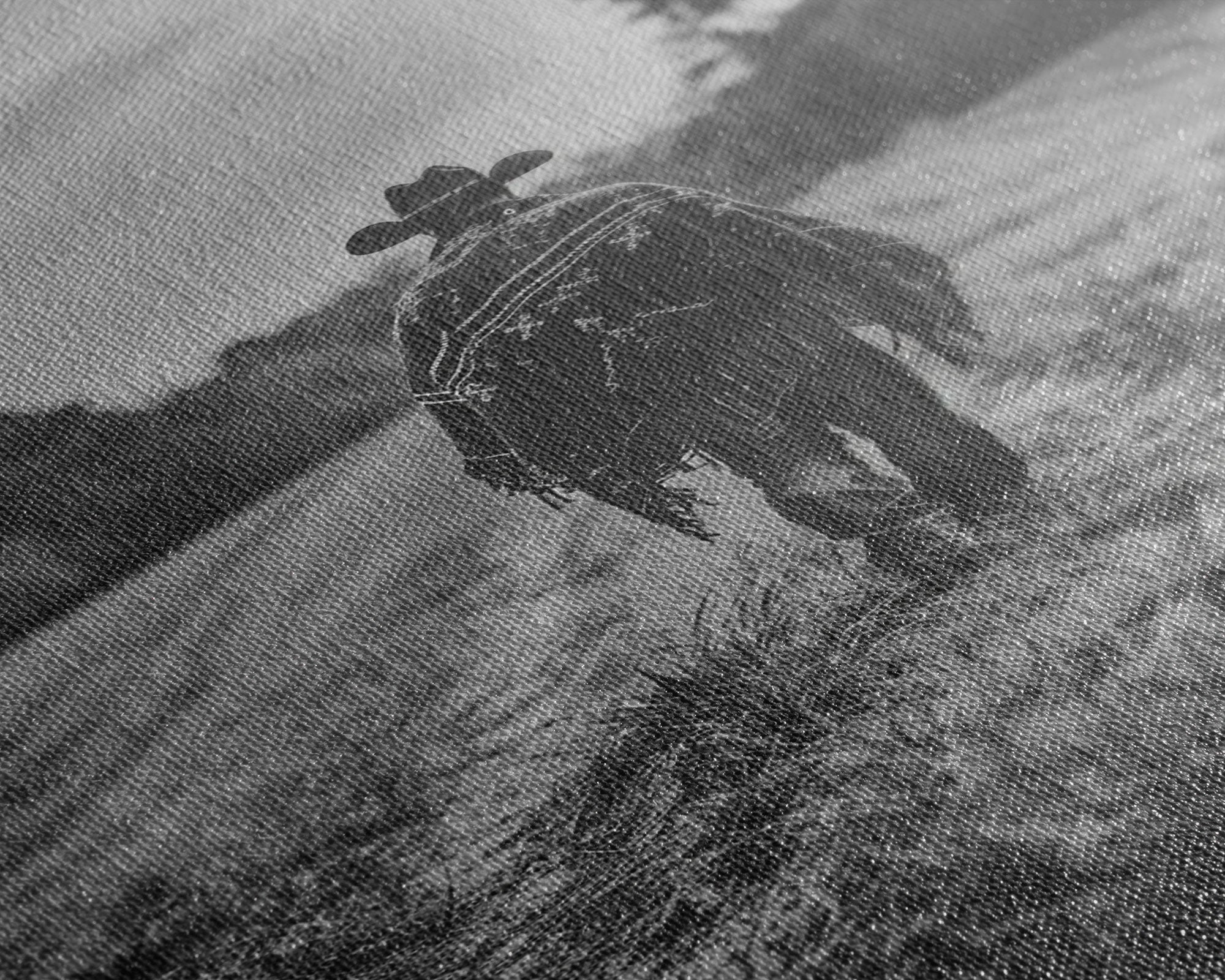 Lone cowboy walking on dirt path, black and white photography, Framed Canvas Print, rustic Western decor, vintage wall art for home