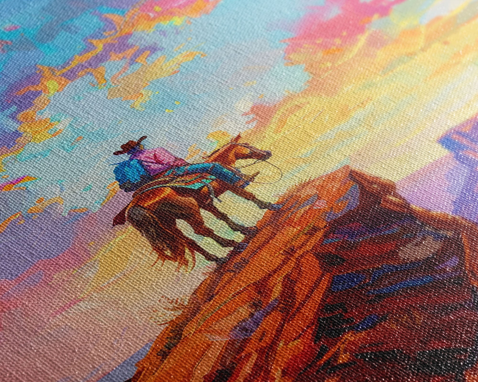 Cowboy on Horseback Overlooking Canyon - Vibrant Western Landscape Art, Sunset Painting, Living Room Decor, Cowboy Canvas Print