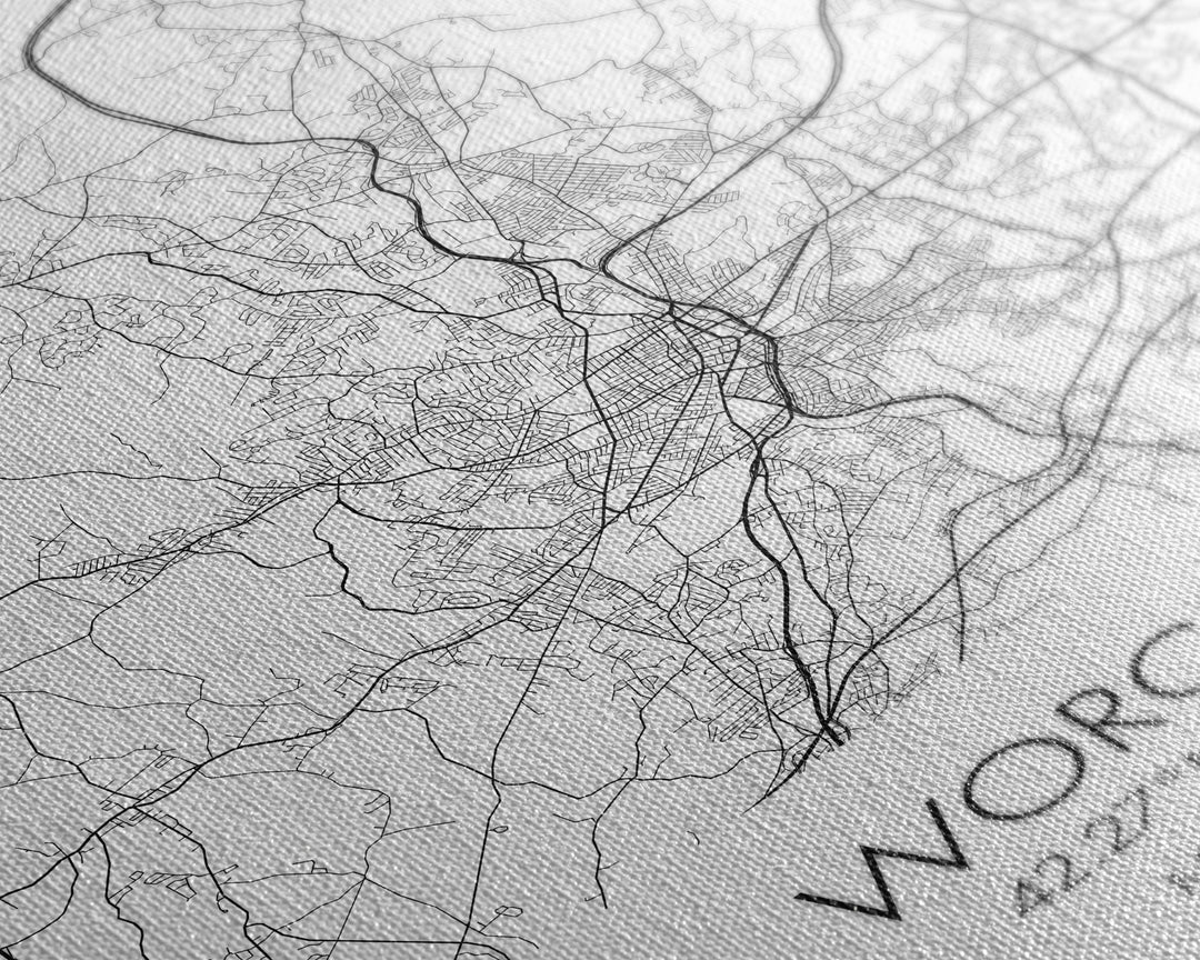 Worcester Street Map, Massachusetts Map, City Map Print, Minimalist Art, Wall Art, Canvas Print, Home Office Wall Art, Unique Travel Gifts