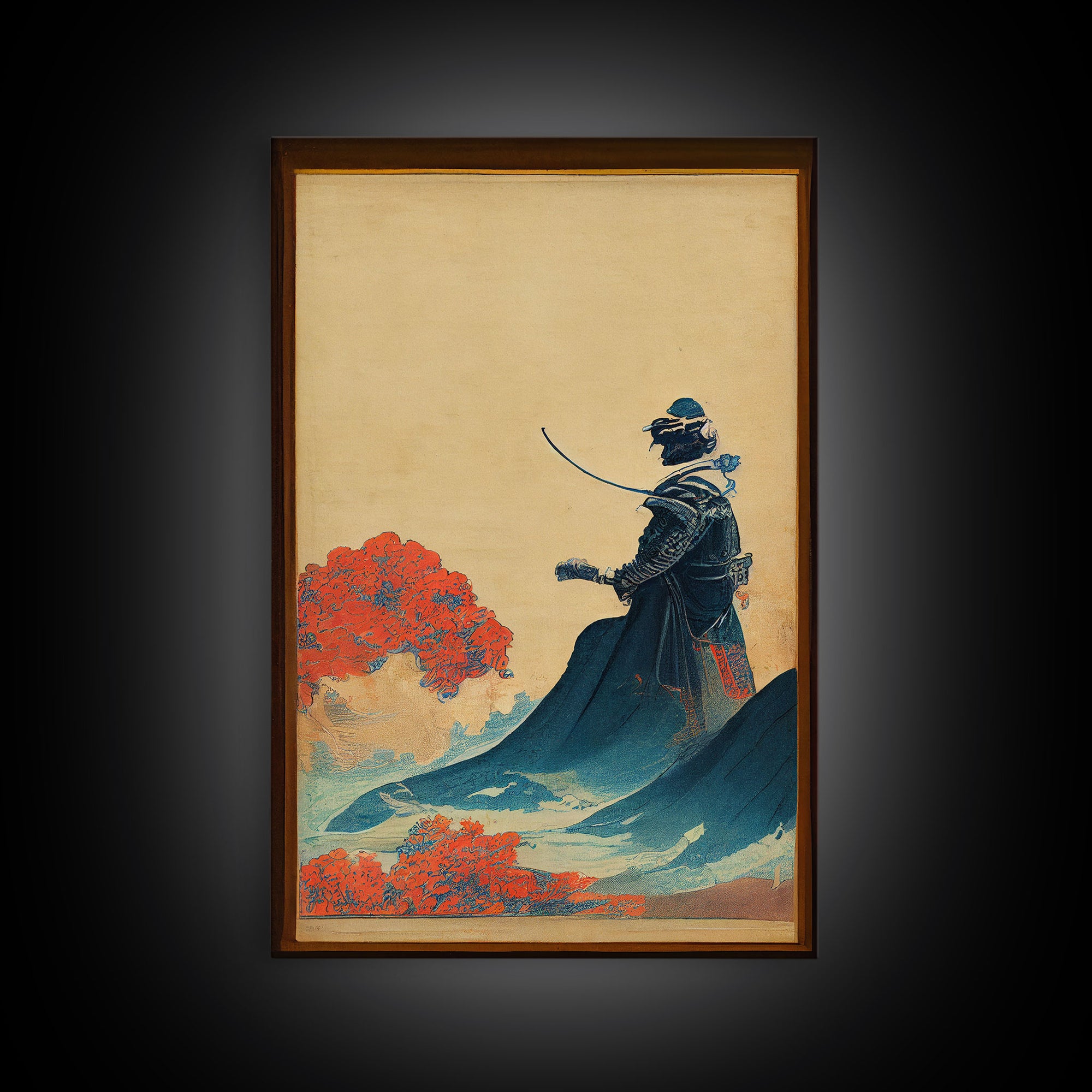 Samurai and Japanese Maple Tree Portrait, Framed Canvas Print, Ready To Hang Framed Wall Art