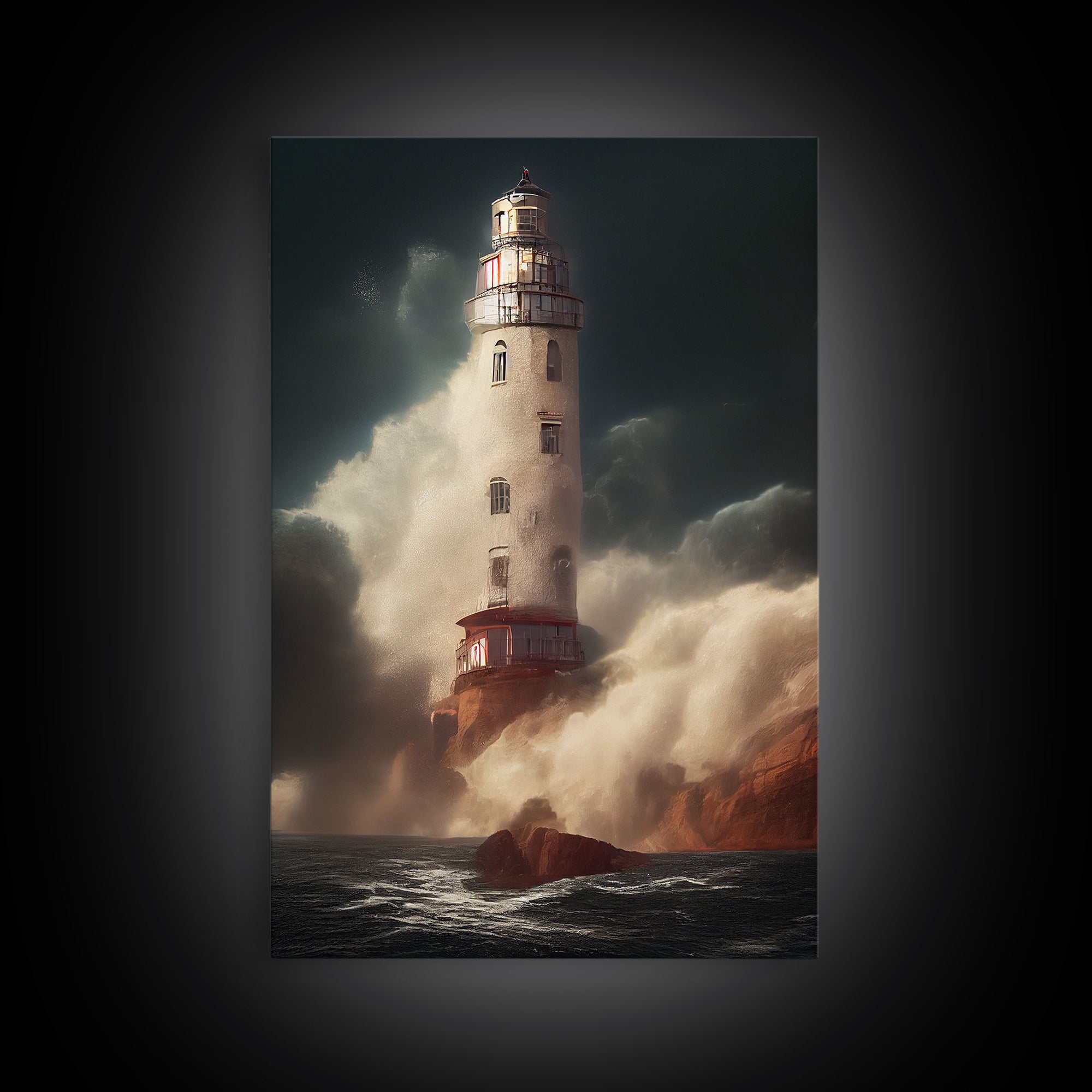 Lighthouse In A Hurricane, Storm Art, Framed Canvas Print, Ready To Hang Framed Wall Art, Living Room Wall Hanging