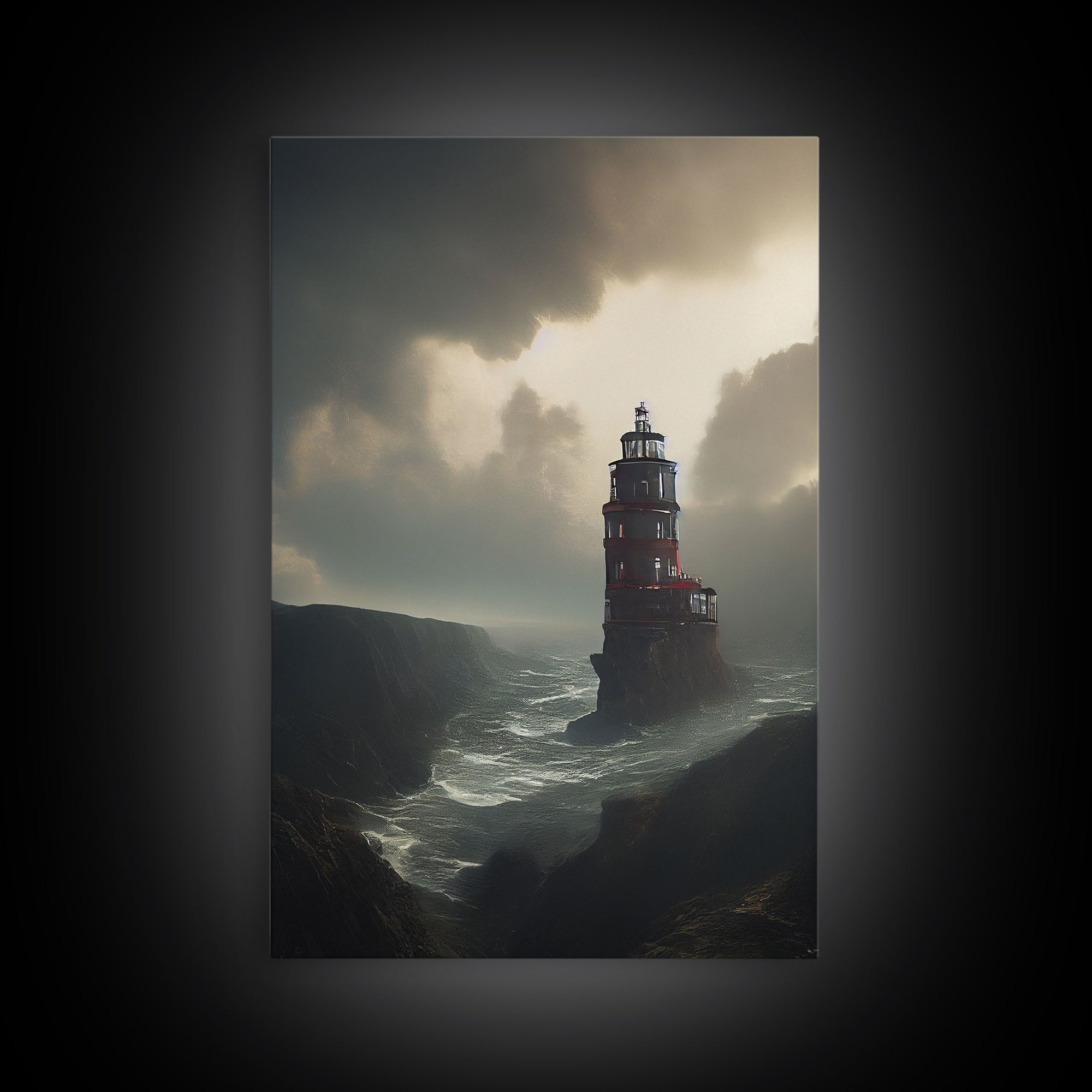 Lighthouse Protecting the Cliffs, Framed Canvas Print, Ready To Hang Framed Wall Art, Living Room Wall Hanging