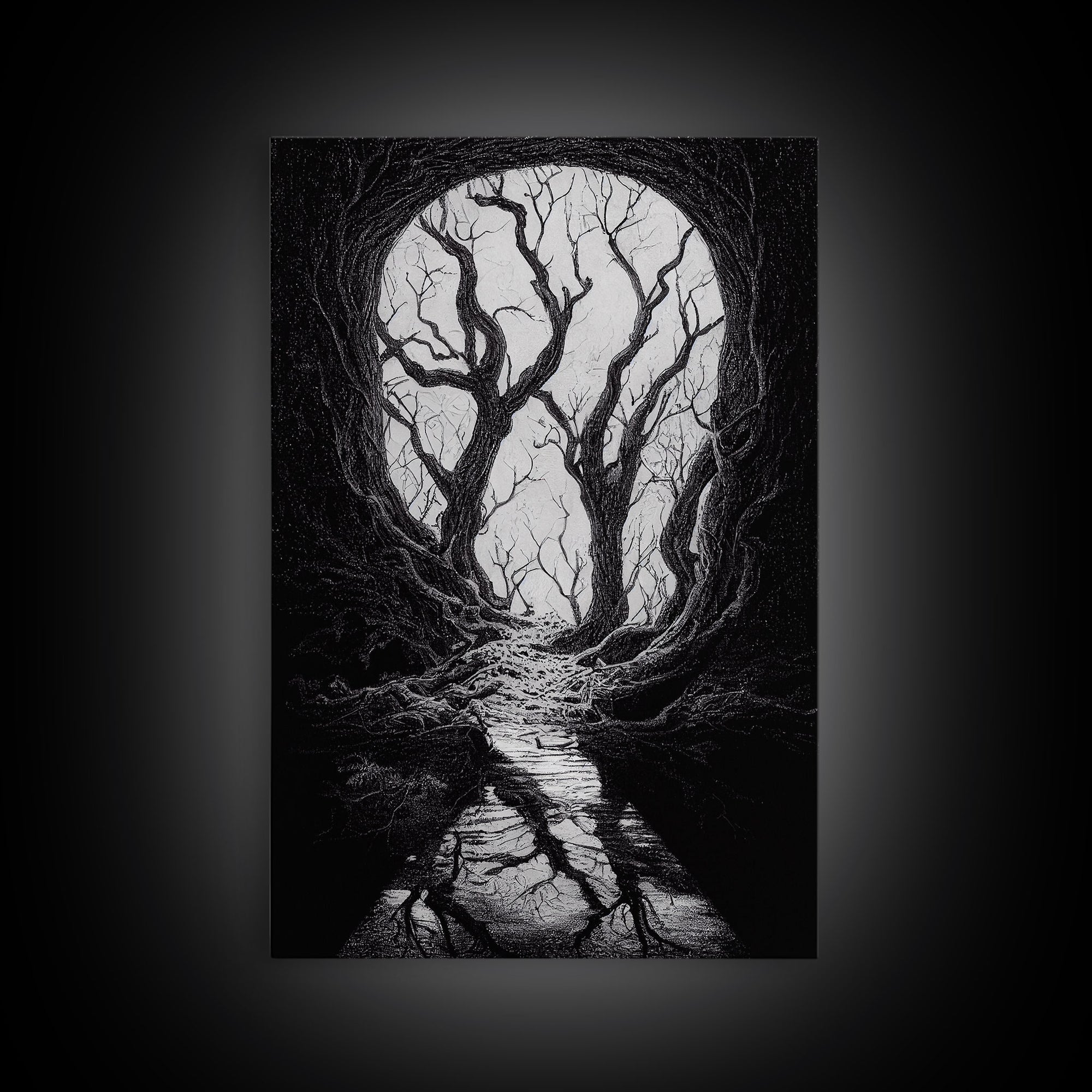 Spooky Haunted Halloween Forest, Black and White Art, Framed Canvas Print, Ready To Hang Framed Wall Art, Living Room Wall Hanging