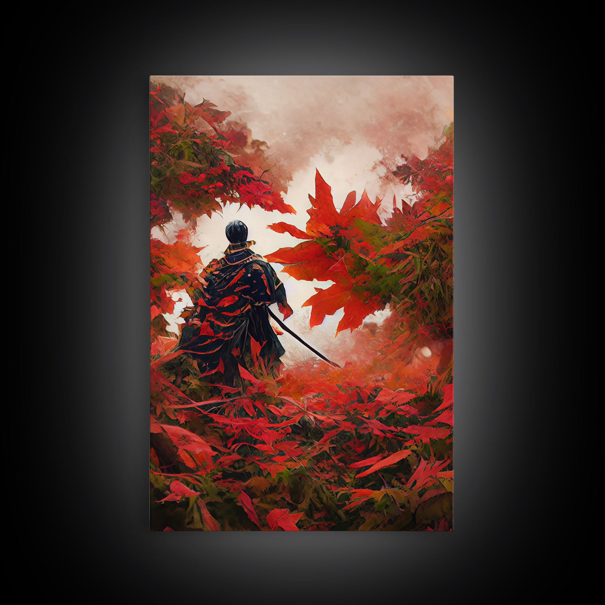 Samurai In a Japanese Maple Forest, Framed Canvas Print, Ready To Hang Framed Wall Art, Living Room Wall Hanging