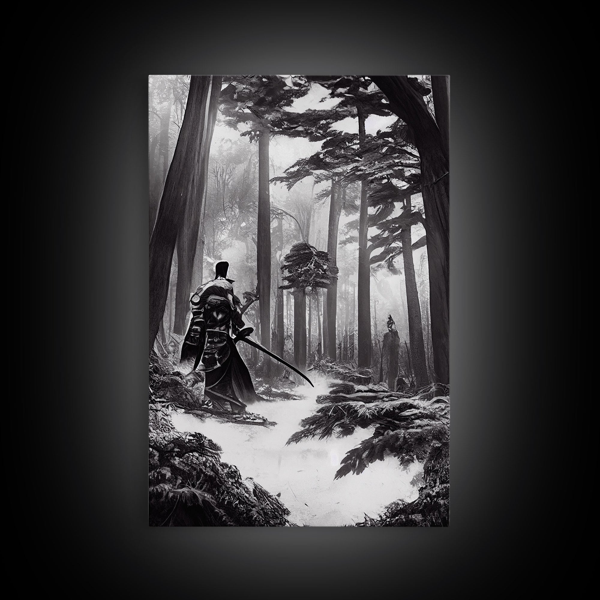 The Duel, Samurai Facing Off In The Forest, Black And White Art Framed Canvas Print, Ready To Hang Framed Wall Art, Living Room Wall Hanging