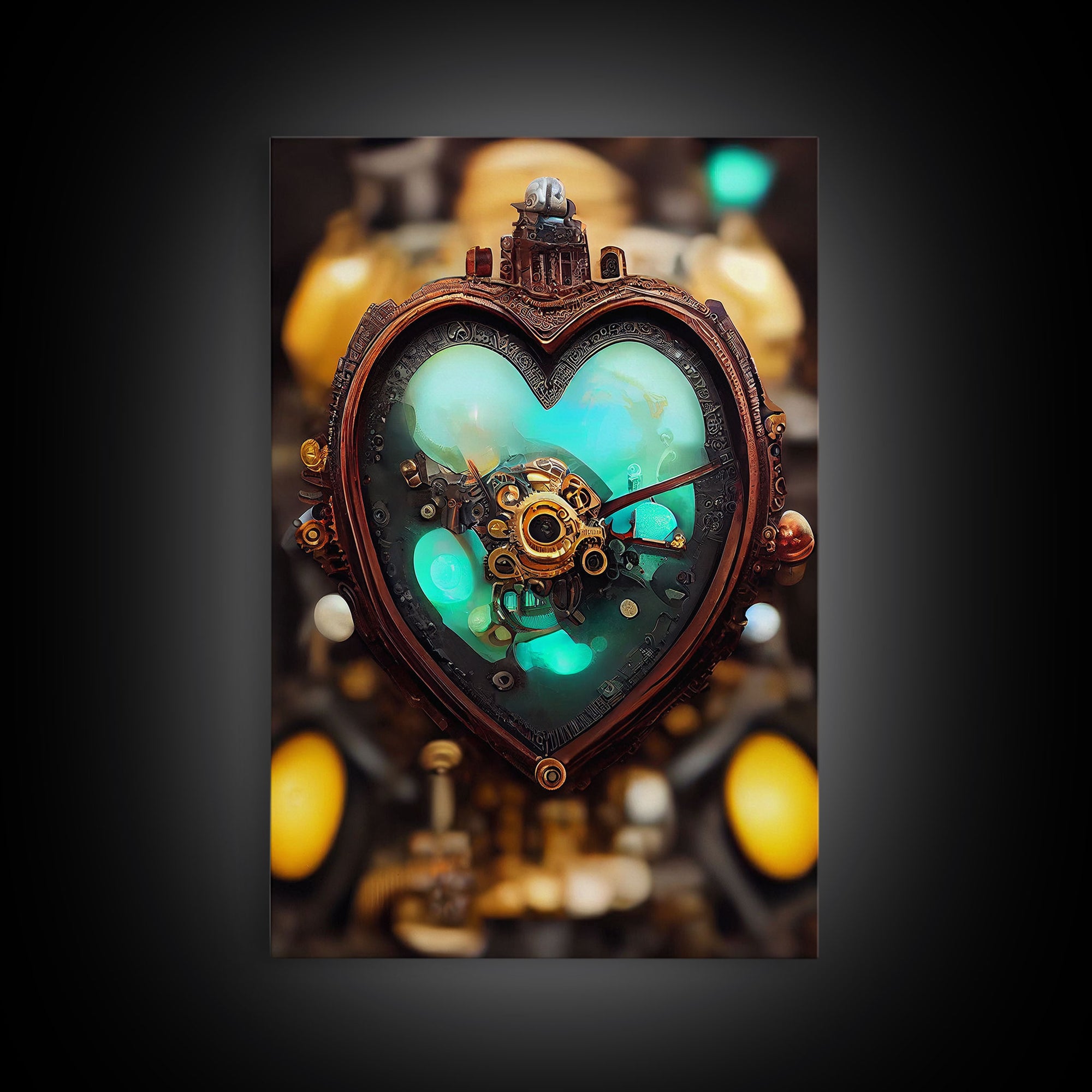 Steampunk Heart, Turquoise Crystal Heart, Framed Canvas Print, Ready To Hang Framed Wall Art, Living Room Wall Hanging