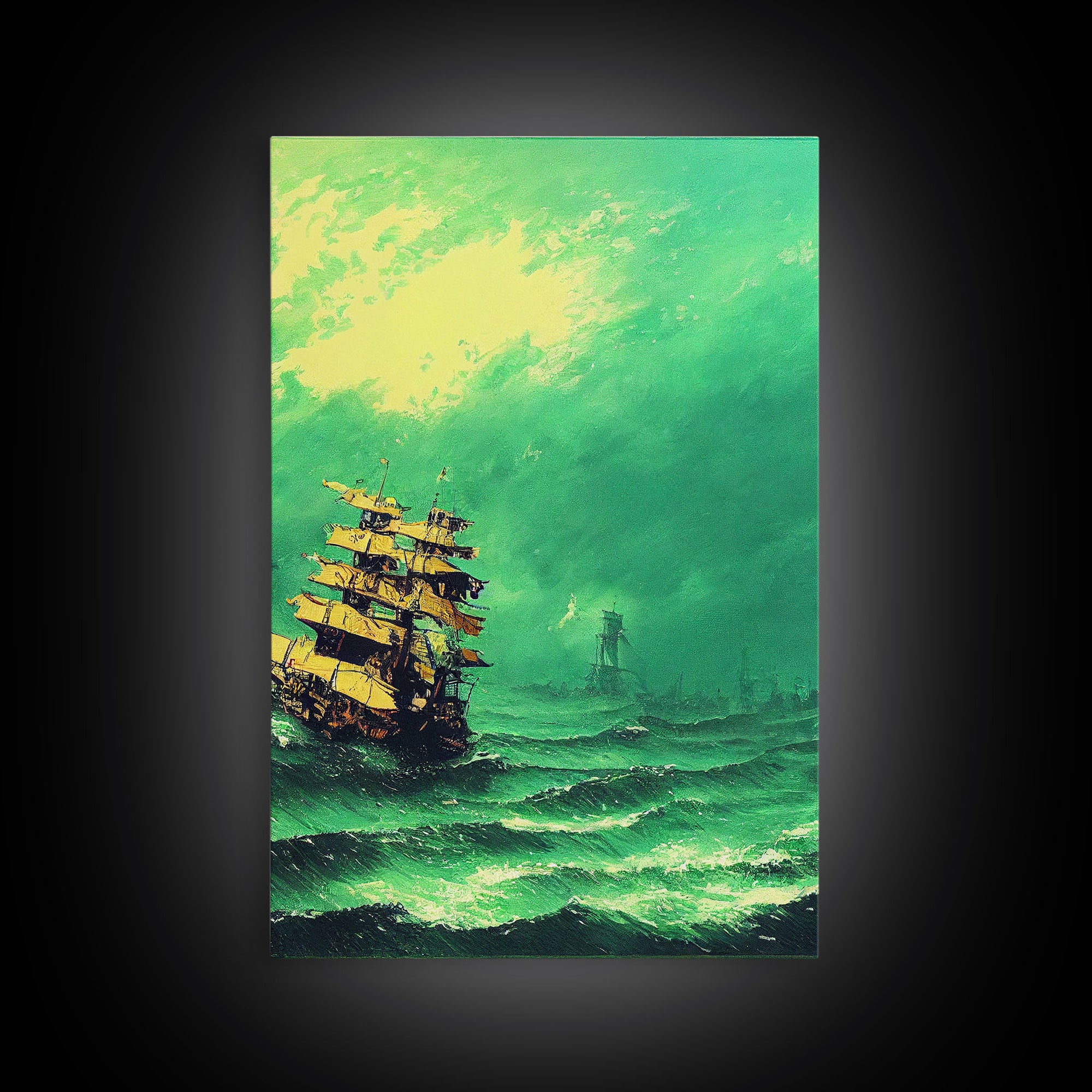 Watercolor of a Pirateship, Ghost Ship Art, Framed Canvas Print, Ready To Hang Framed Wall Art, Living Room Wall Hanging